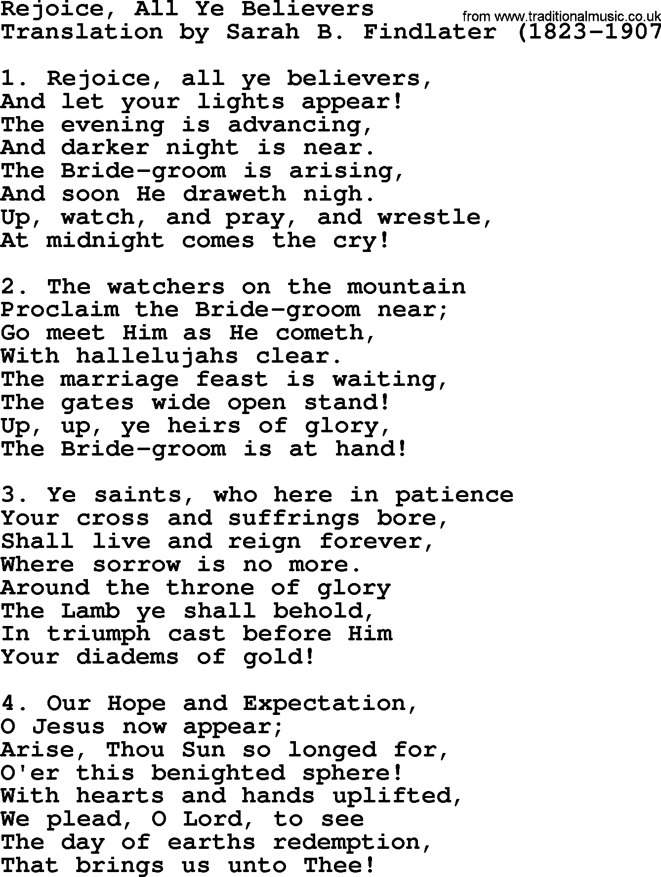 Advent Hymns, Hymn: Rejoice, All Ye Believers, lyrics with PDF