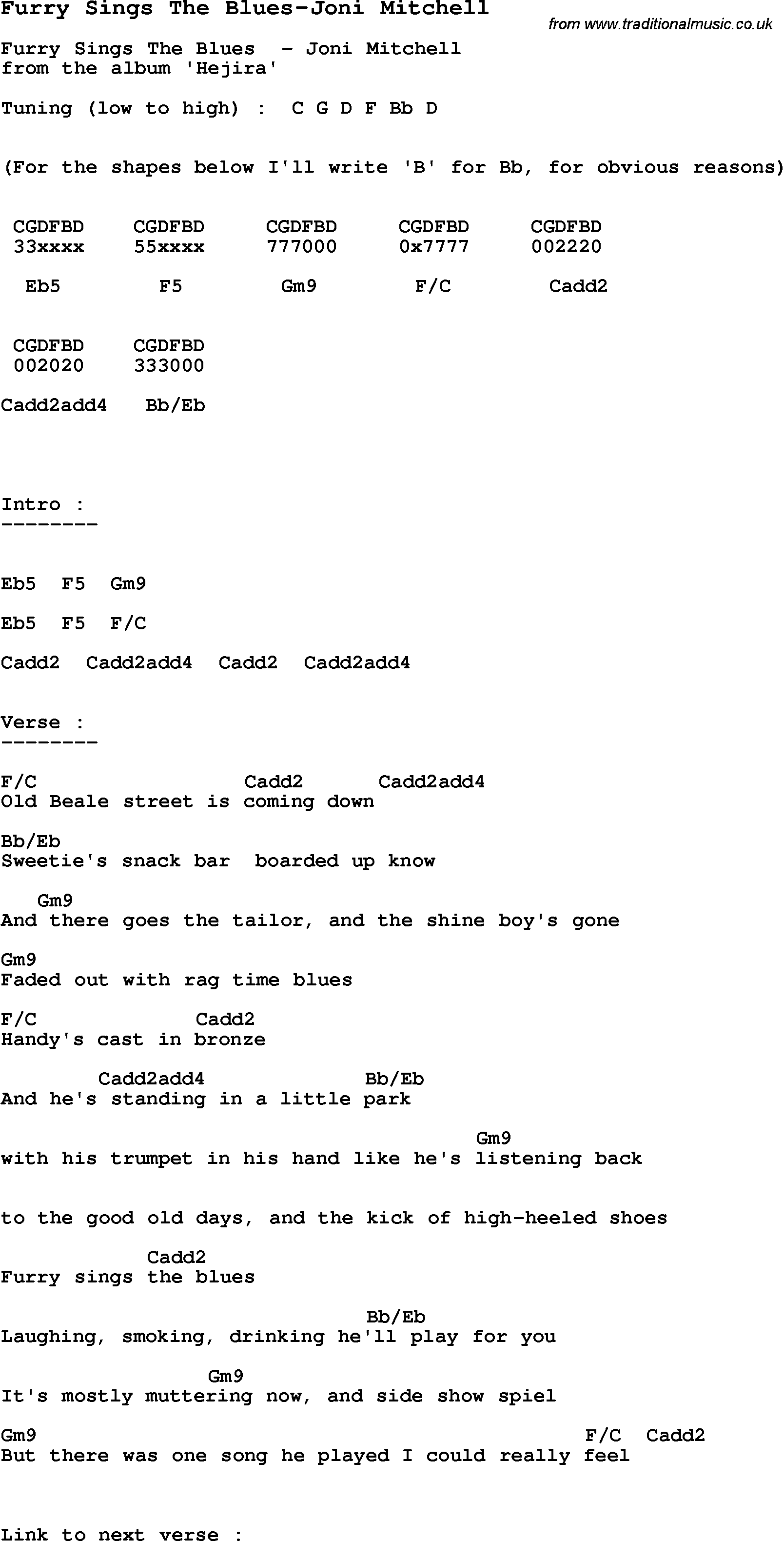 Blues Guitar Song, lyrics, chords, tablature, playing hints for Furry Sings The Blues-Joni Mitchell
