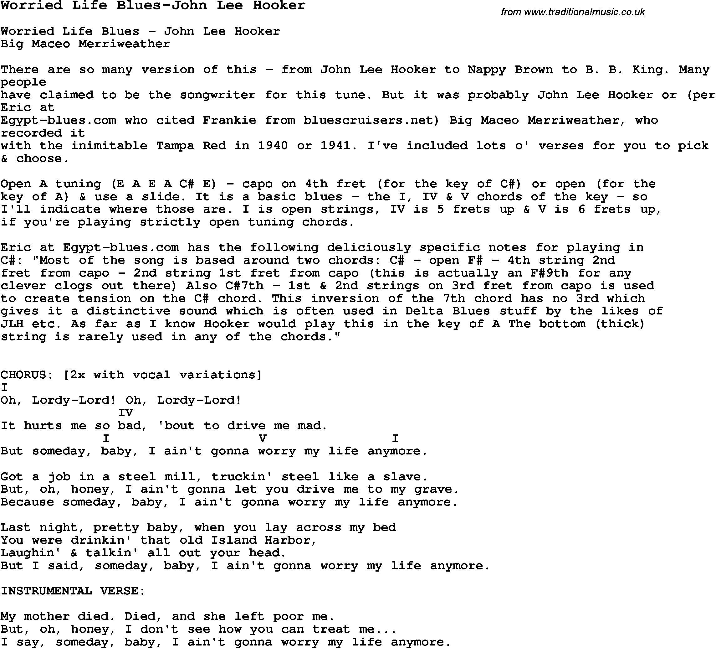 Blues Guitar Song, lyrics, chords, tablature, playing hints for Worried Life Blues-John Lee Hooker