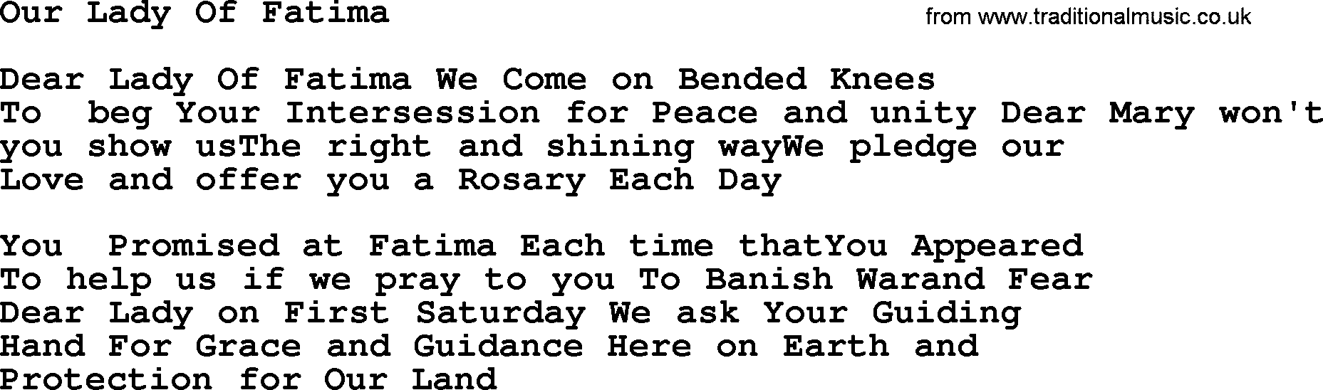 Catholic Hymn: Our Lady Of Fatima lyrics with PDF