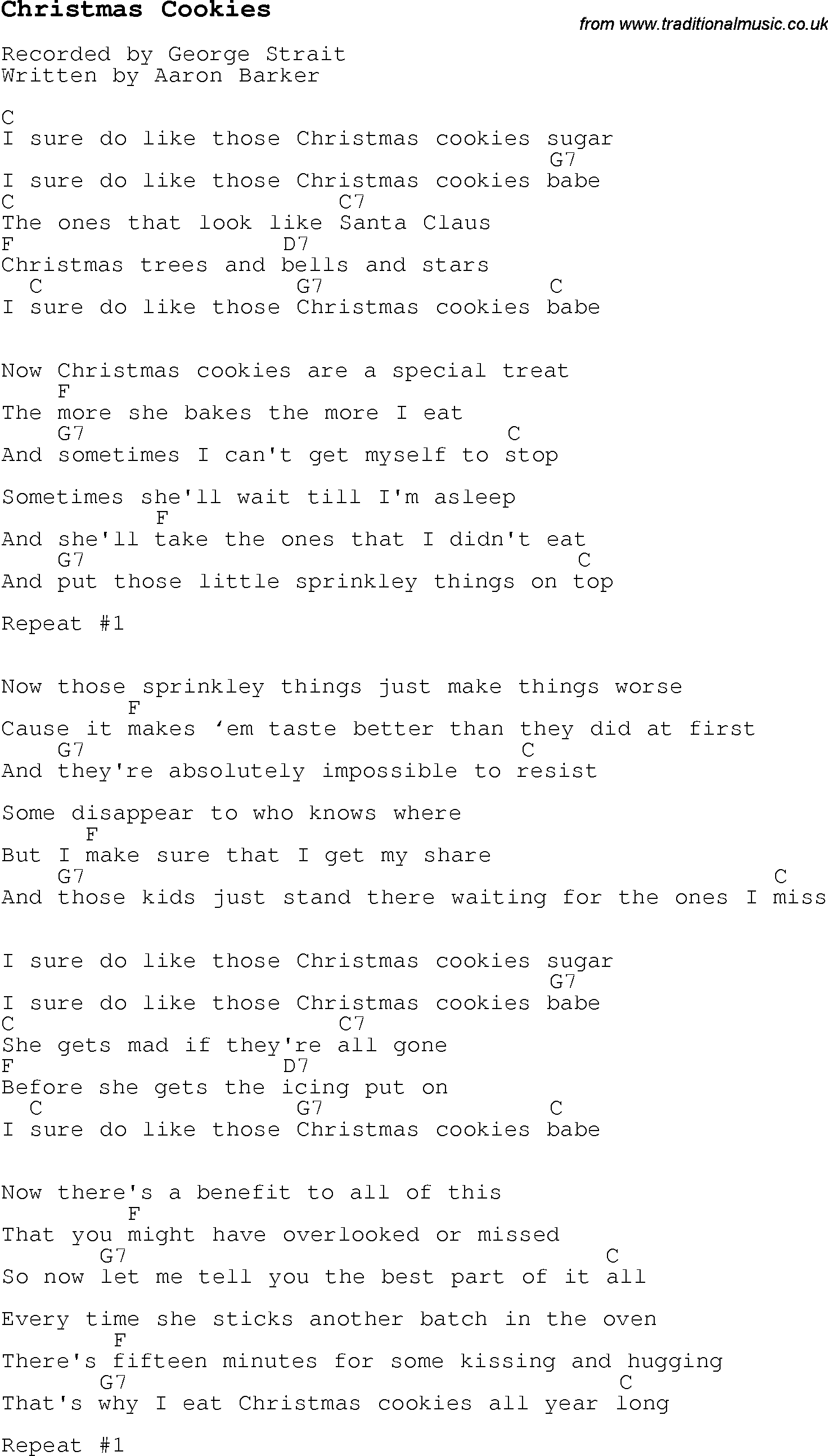 Christmas Songs and Carols, lyrics with chords for guitar banjo for Christmas Cookies