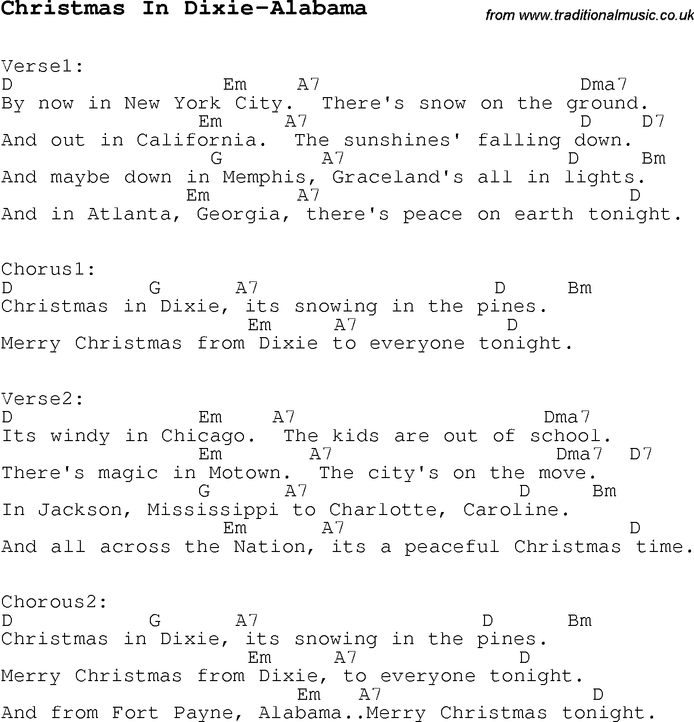 Christmas Songs and Carols, lyrics with chords for guitar banjo for Christmas In Dixie-Alabama