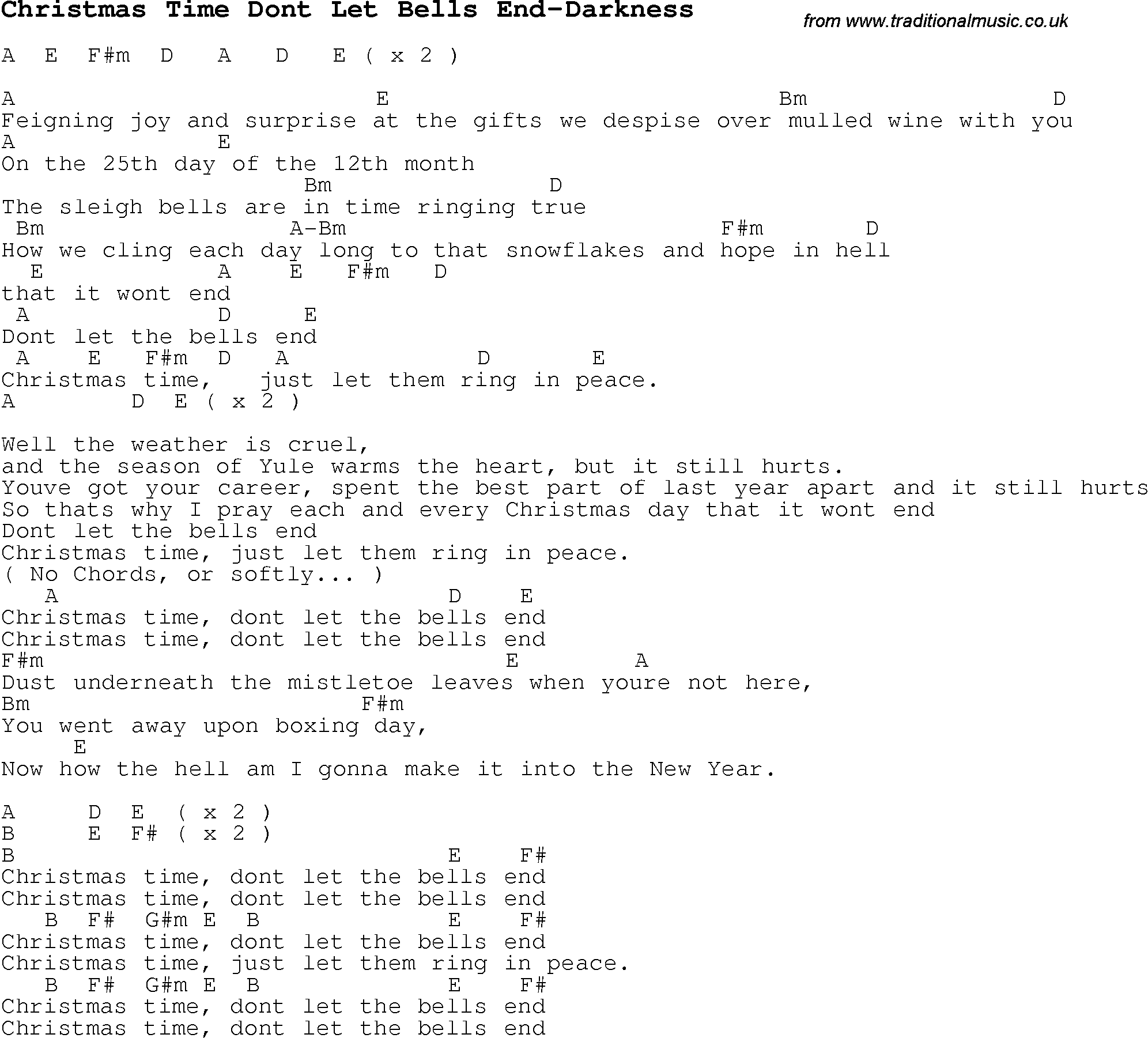 Christmas Songs and Carols, lyrics with chords for guitar banjo for Christmas Time Dont Let Bells End-Darkness