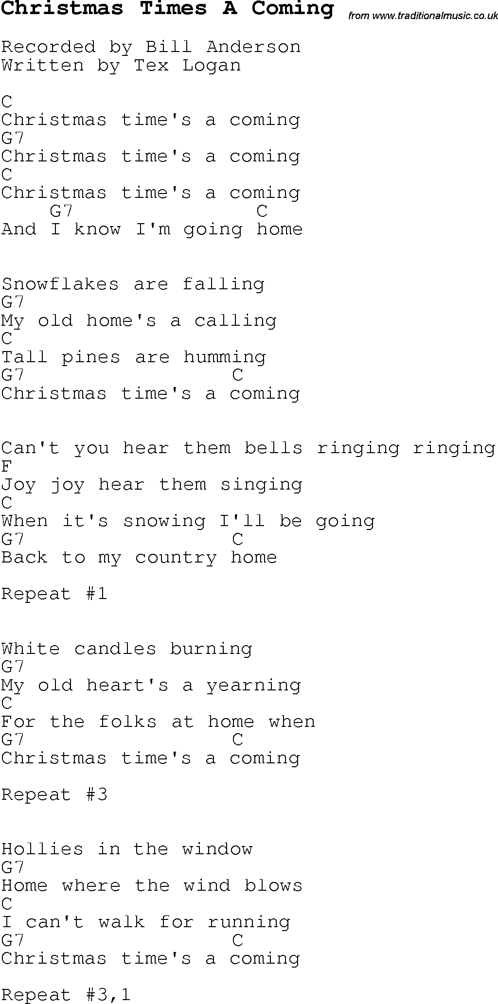 Christmas Songs and Carols, lyrics with chords for guitar banjo for Christmas Times A Coming