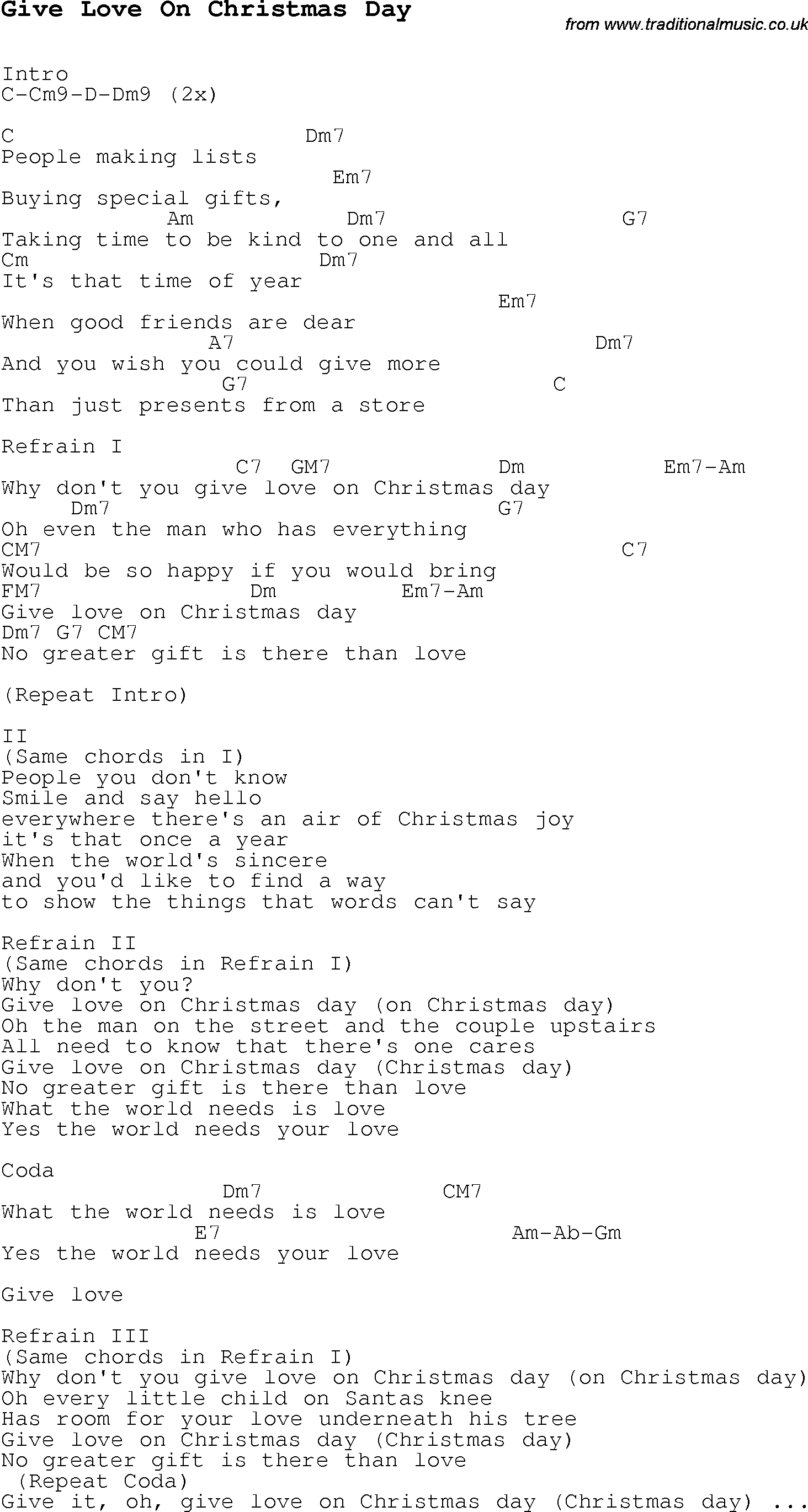 Christmas Songs and Carols, lyrics with chords for guitar banjo for Give Love On Christmas Day