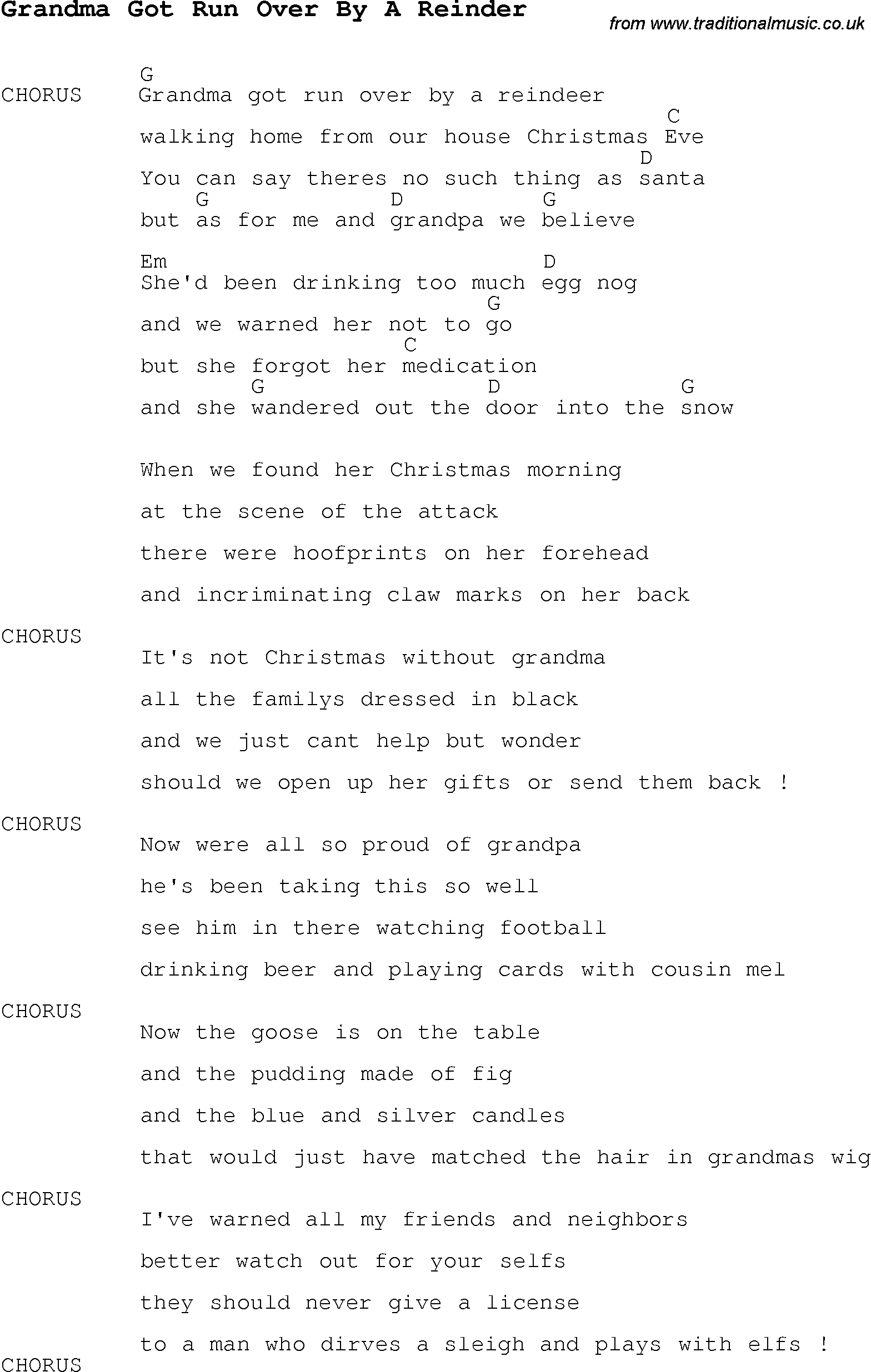 Christmas Songs and Carols, lyrics with chords for guitar banjo for Grandma Got Run Over By A Reinder