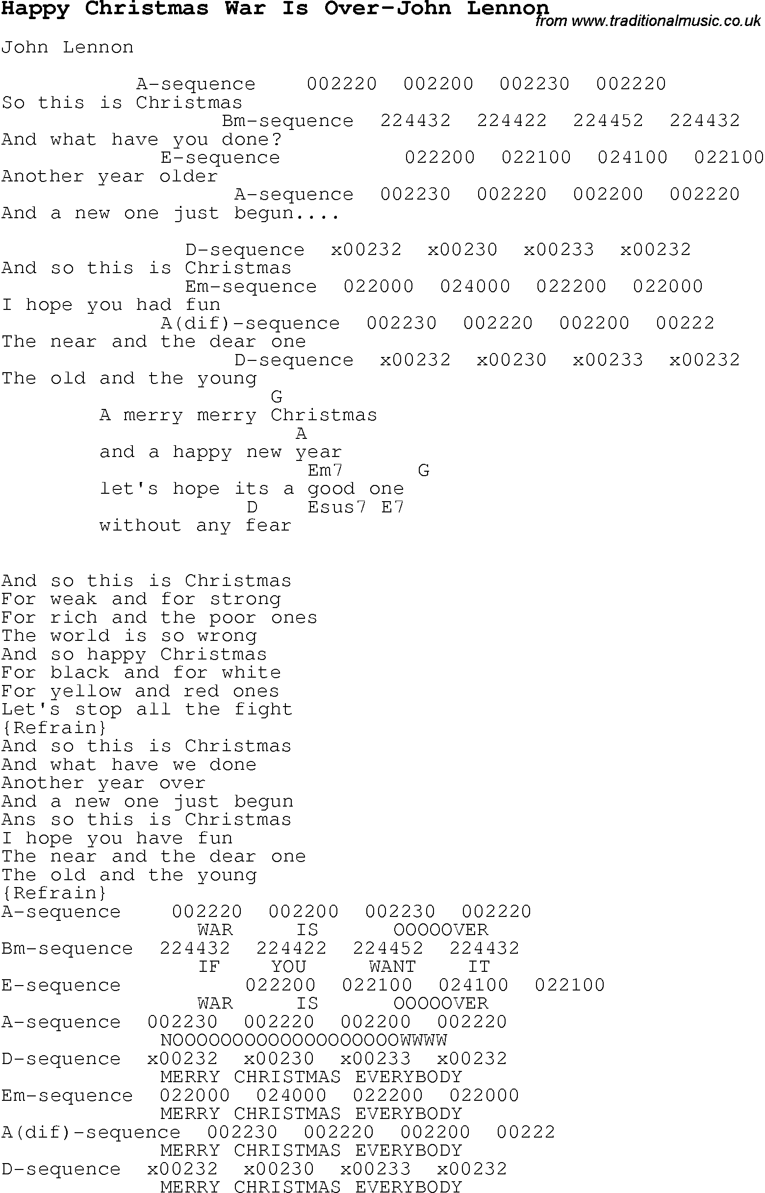 Christmas Songs and Carols, lyrics with chords for guitar banjo for Happy Christmas War Is Over-John Lennon