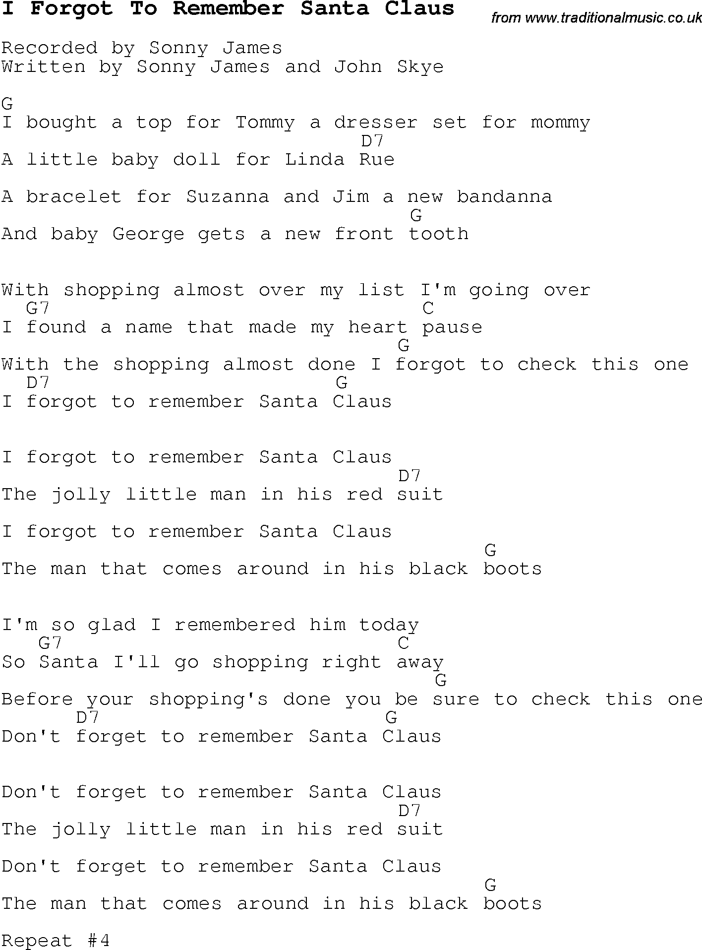 Christmas Songs and Carols, lyrics with chords for guitar banjo for I Forgot To Remember Santa Claus