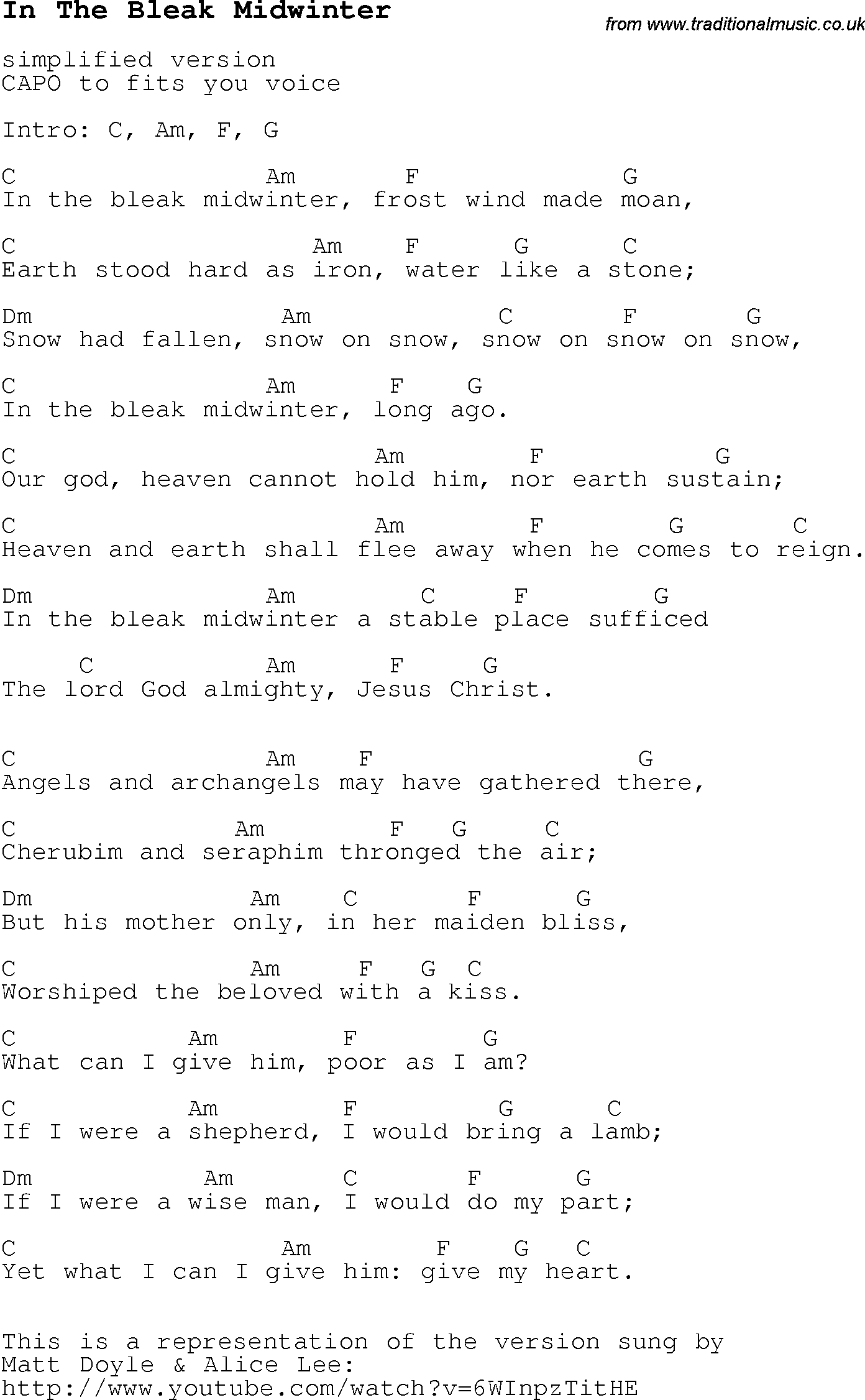 Christmas Songs and Carols, lyrics with chords for guitar banjo for In The Bleak Midwinter