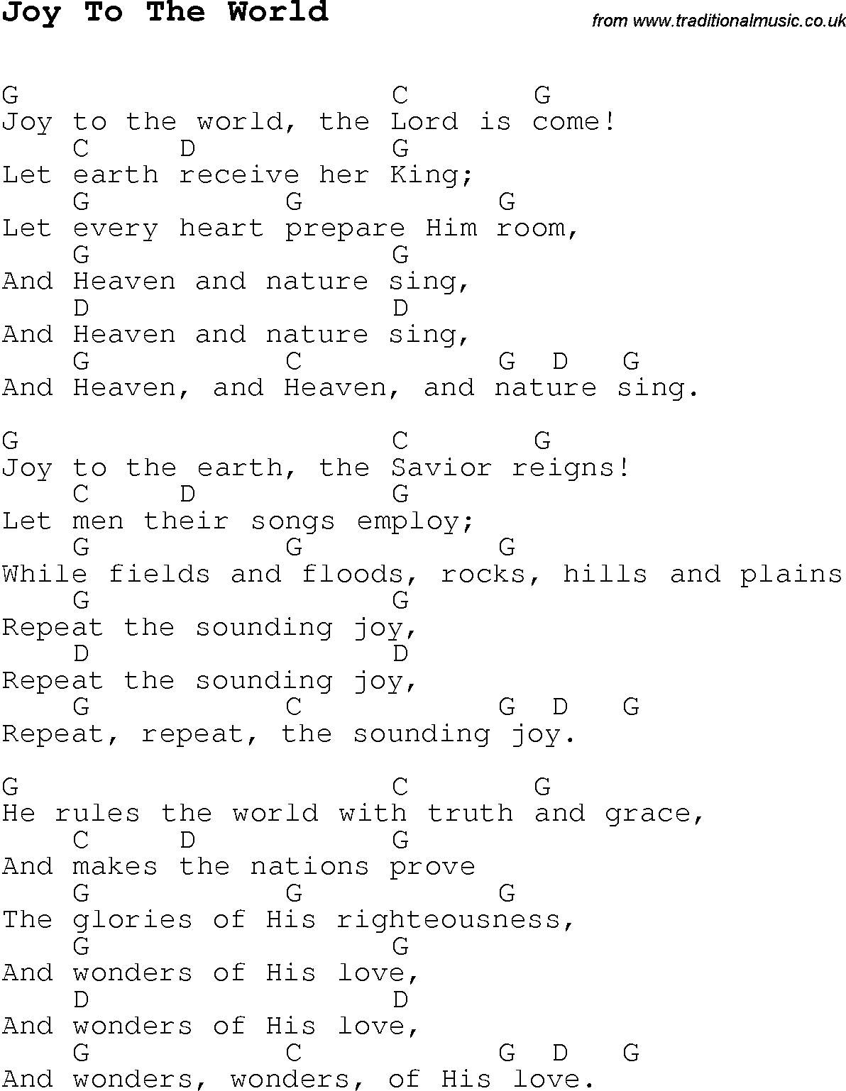 Christmas Songs and Carols, lyrics with chords for guitar banjo for Joy To The World