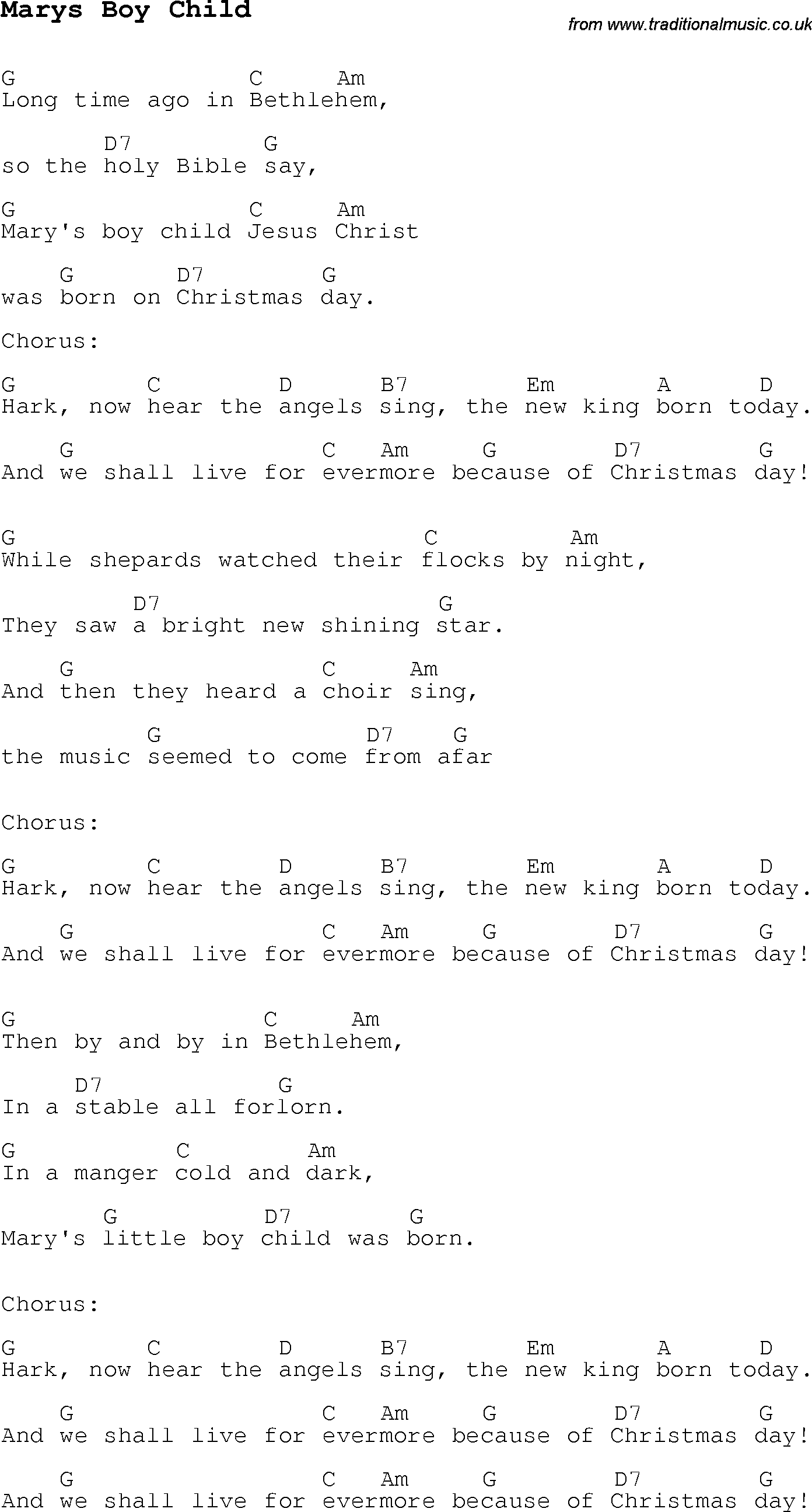 Christmas Songs and Carols, lyrics with chords for guitar banjo for Marys Boy Child