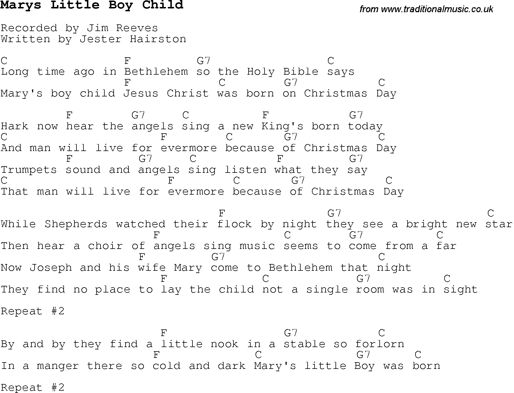 Christmas Songs and Carols, lyrics with chords for guitar banjo for Marys Little Boy Child