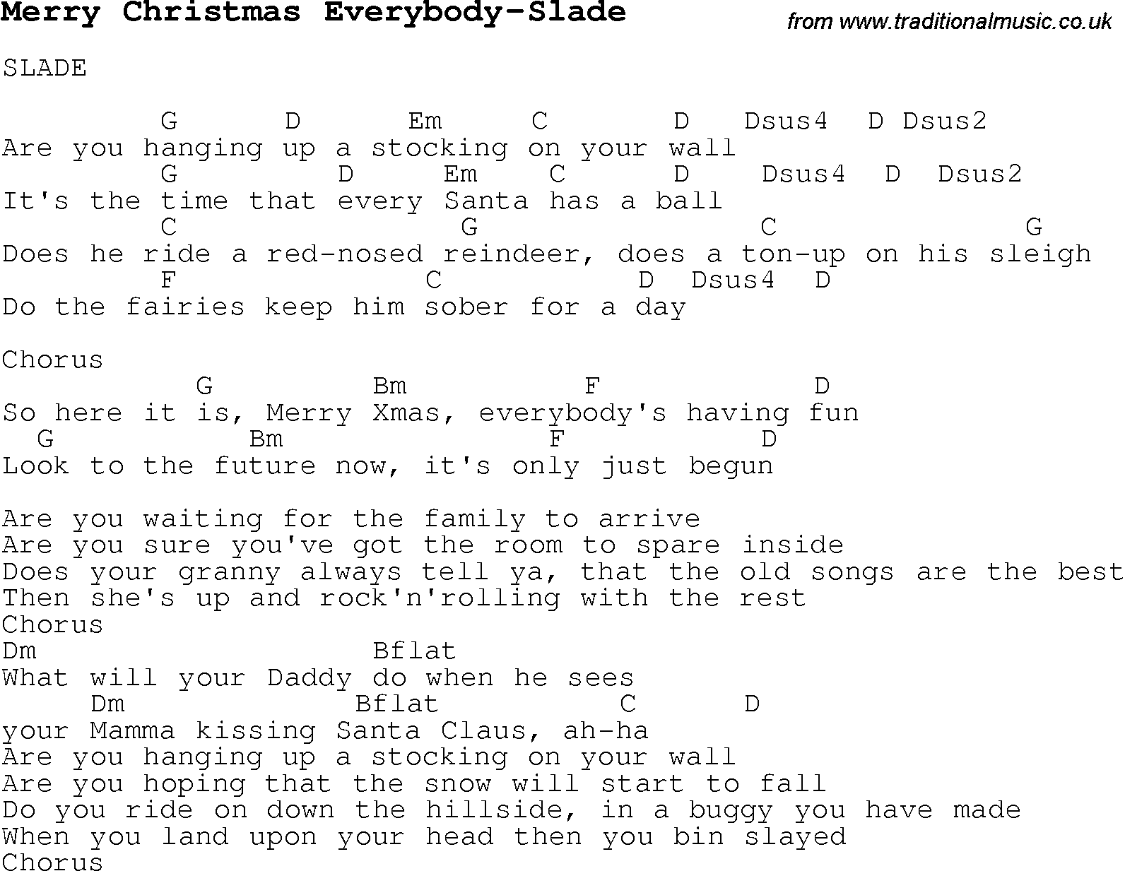 Christmas Songs and Carols, lyrics with chords for guitar banjo for Merry Christmas Everybody-Slade
