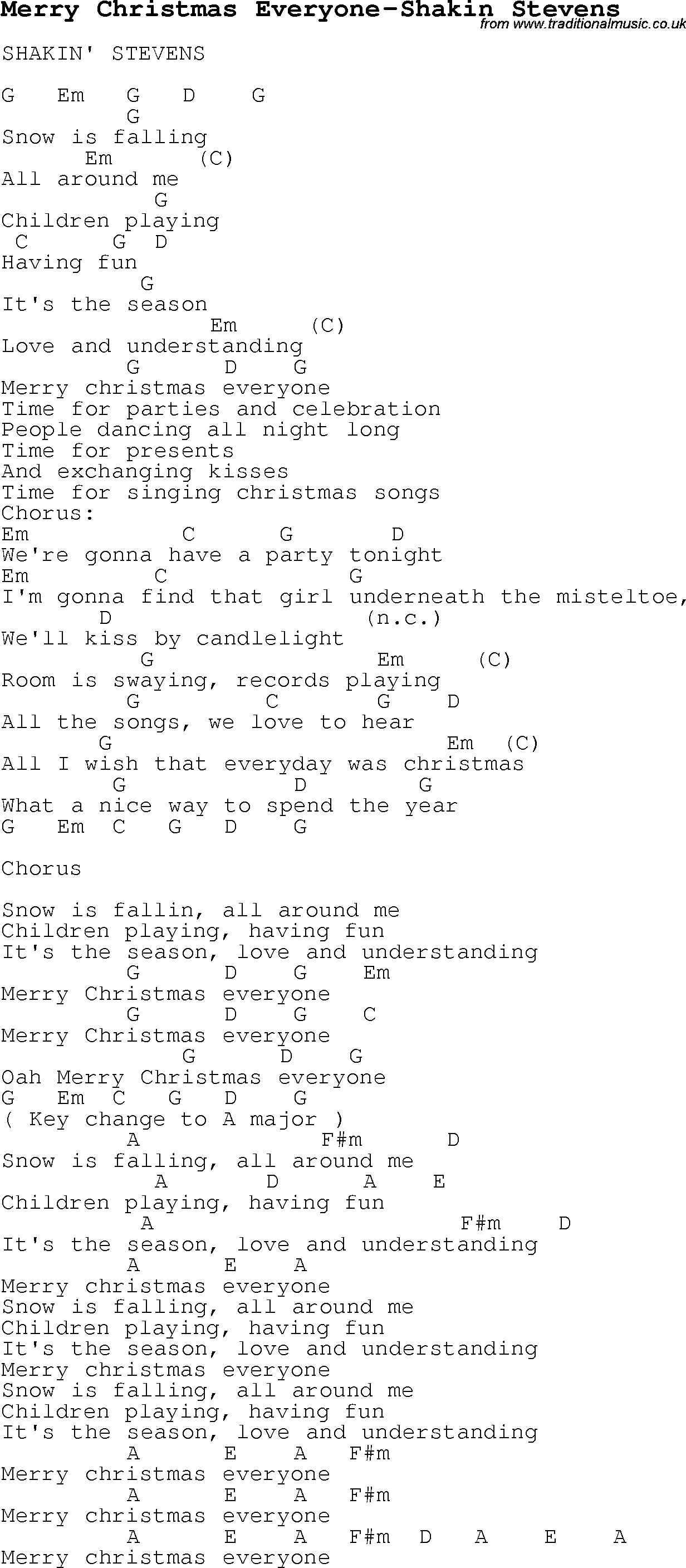 Christmas Songs and Carols, lyrics with chords for guitar banjo for Merry Christmas Everyone-Shakin Stevens