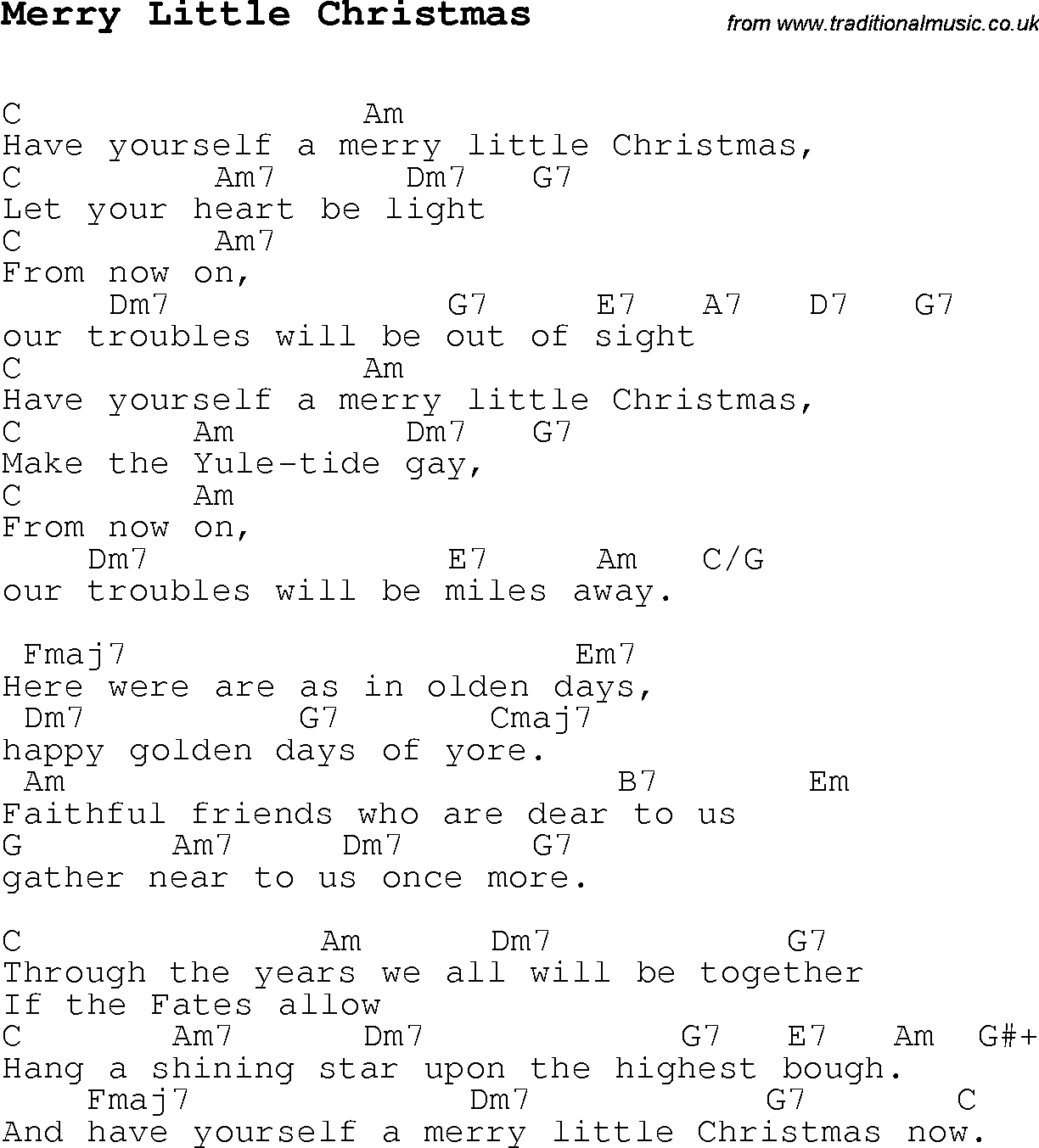 Christmas Songs and Carols, lyrics with chords for guitar banjo for Merry Little Christmas