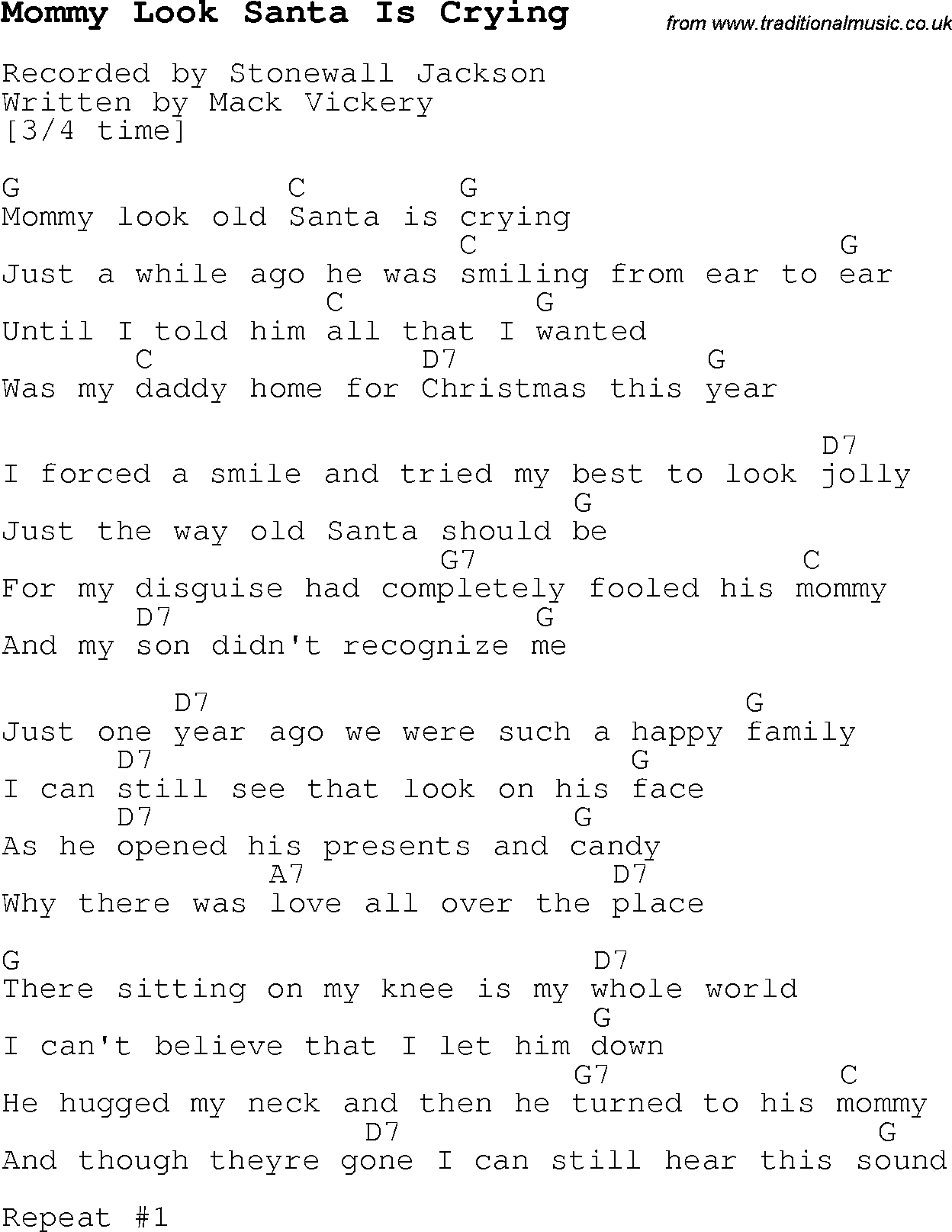 Christmas Songs and Carols, lyrics with chords for guitar banjo for Mommy Look Santa Is Crying
