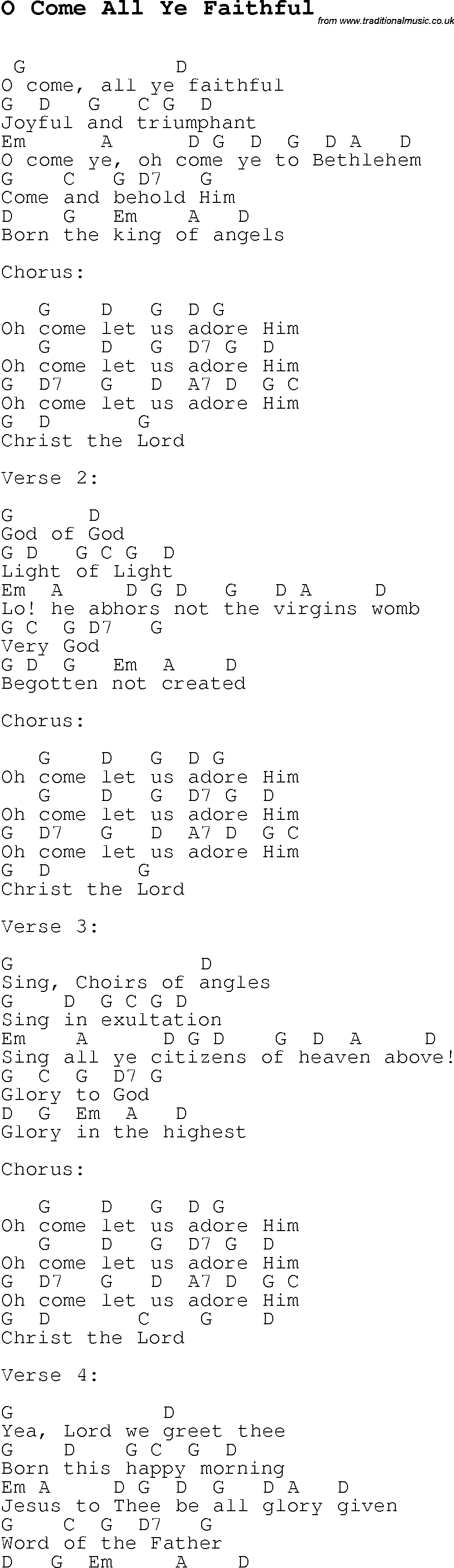 Christmas Songs and Carols, lyrics with chords for guitar banjo for O Come All Ye Faithful