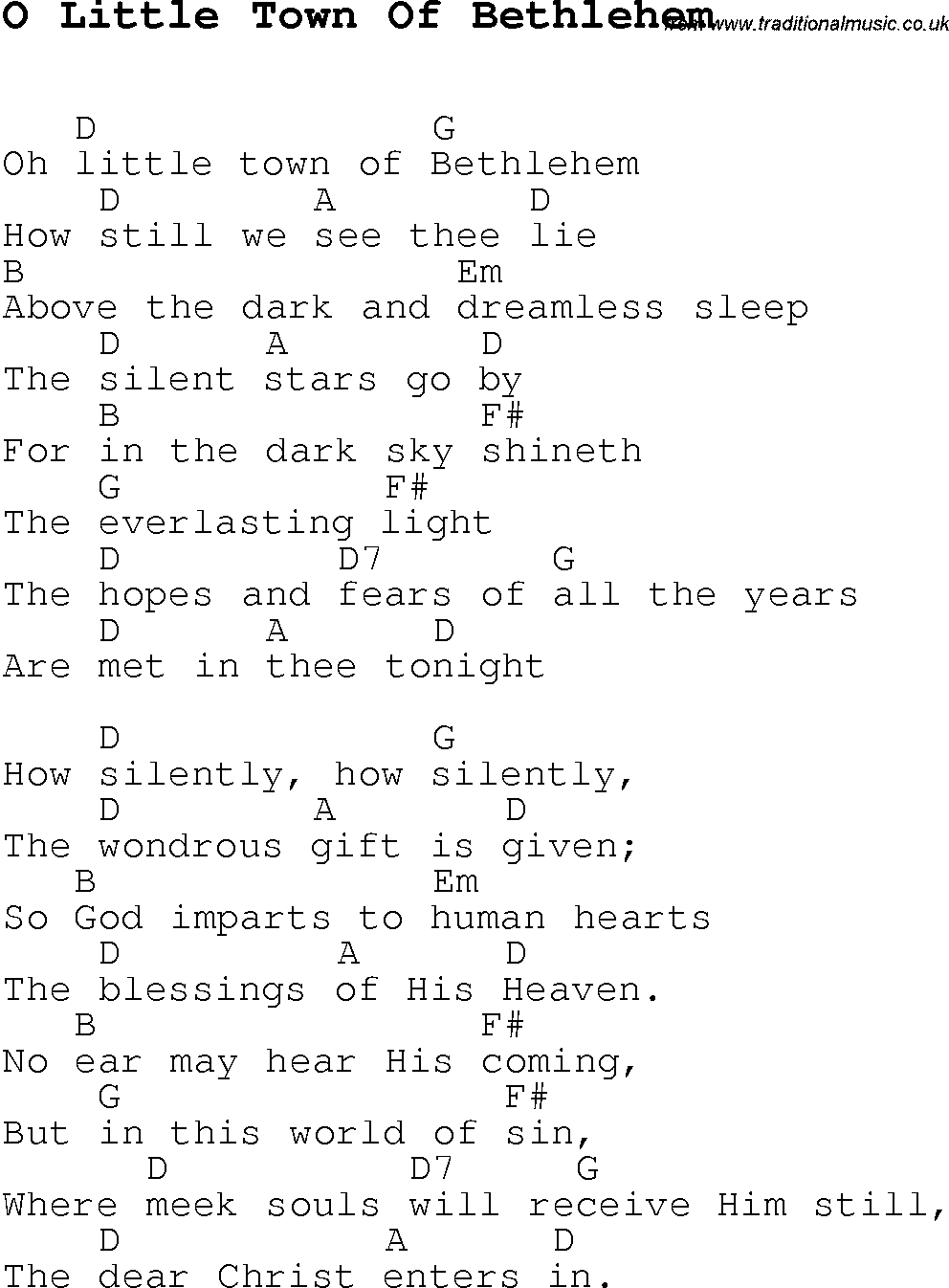 Christmas Songs and Carols, lyrics with chords for guitar banjo for O Little Town Of Bethlehem