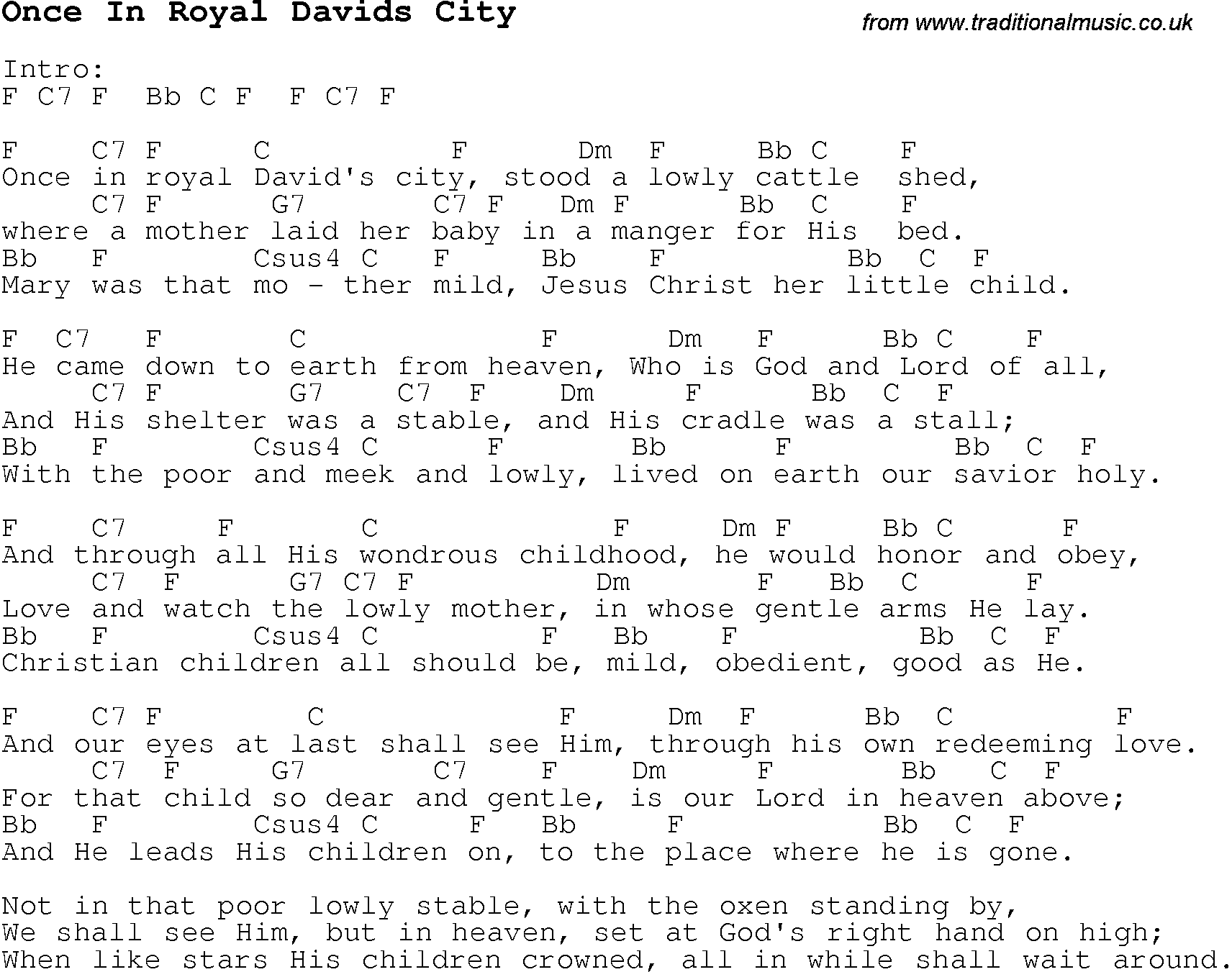 Christmas Songs and Carols, lyrics with chords for guitar banjo for Once In Royal Davids City