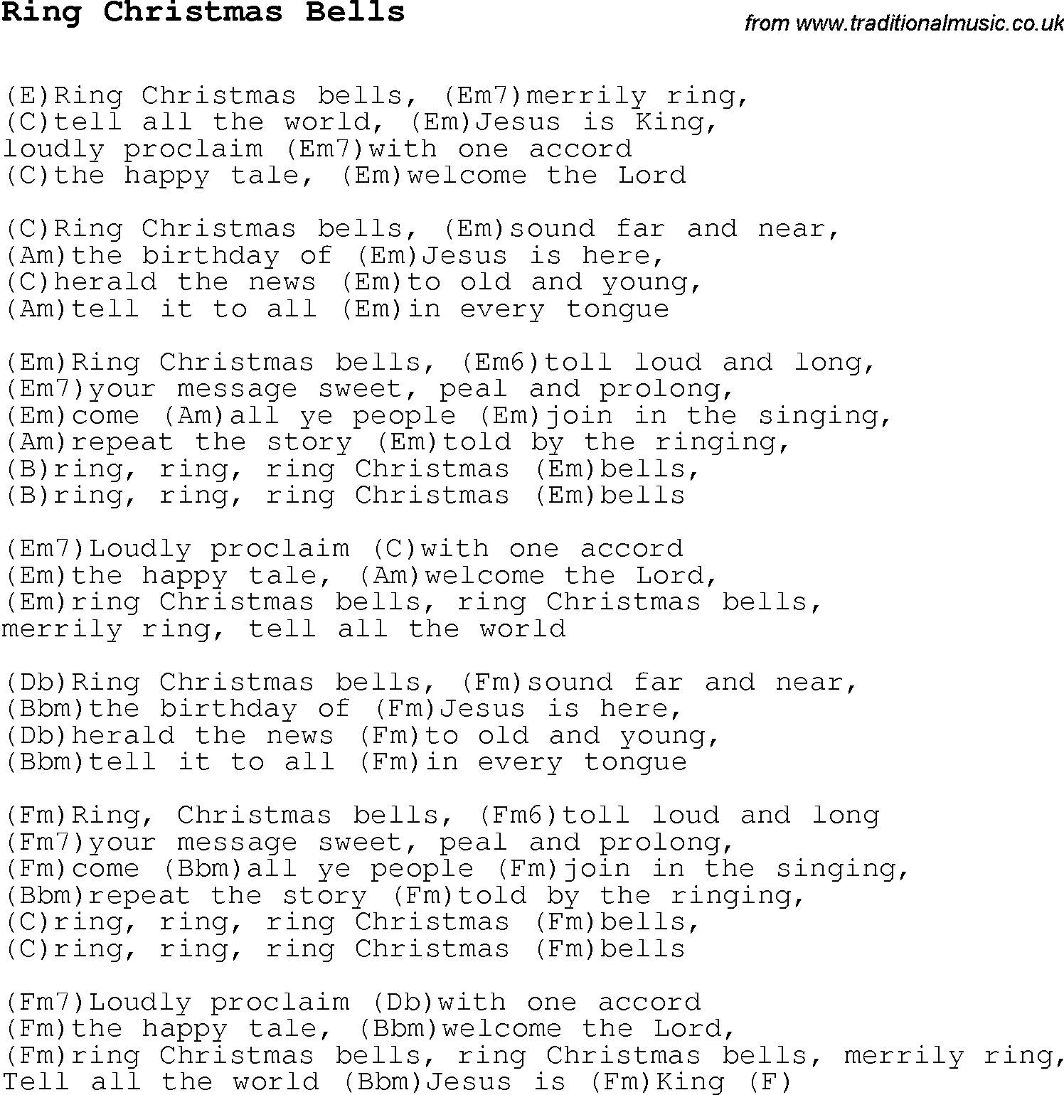 Christmas Songs and Carols, lyrics with chords for guitar banjo for Ring Christmas Bells