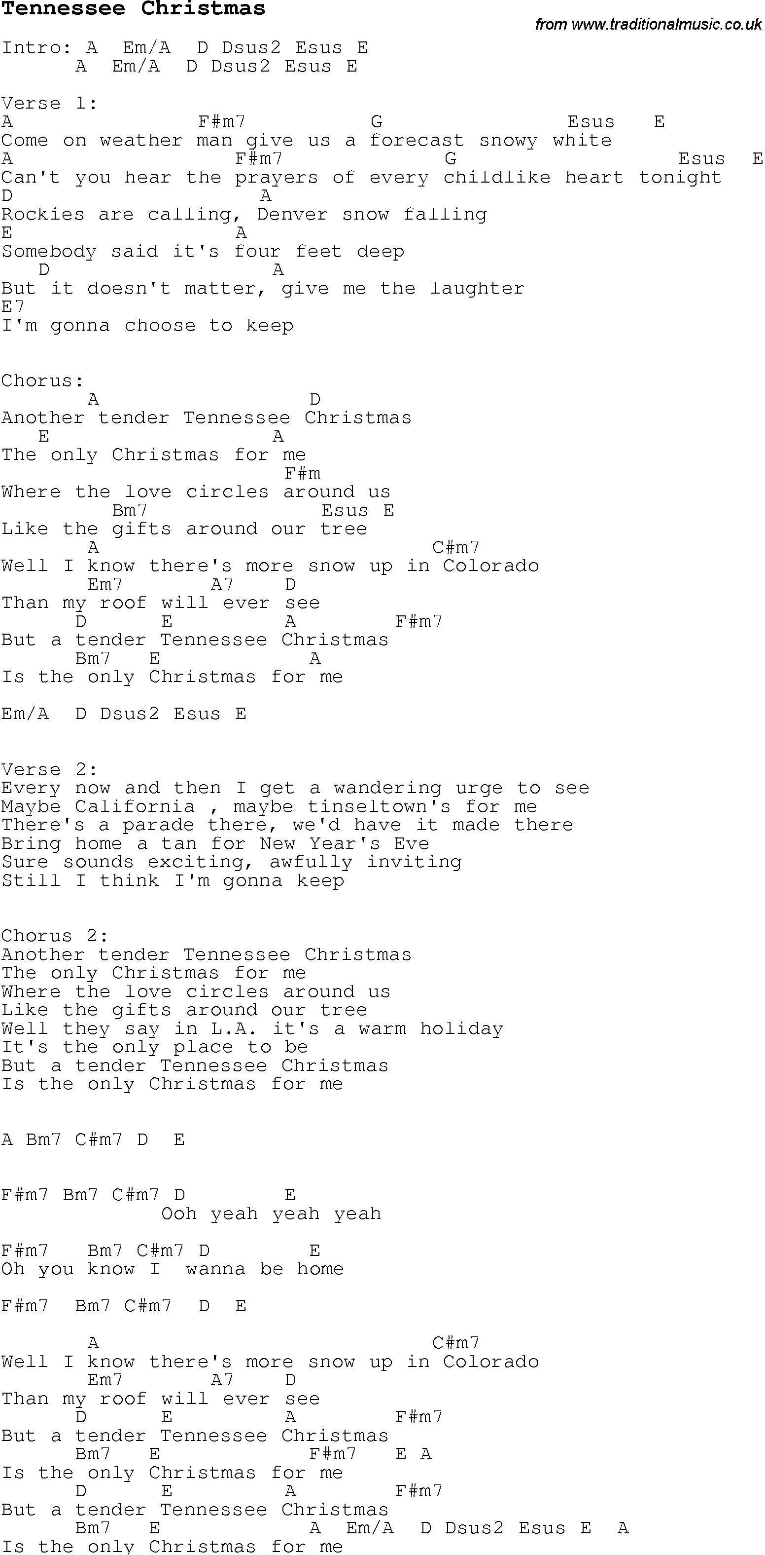 Christmas Songs and Carols, lyrics with chords for guitar banjo for Tennessee Christmas