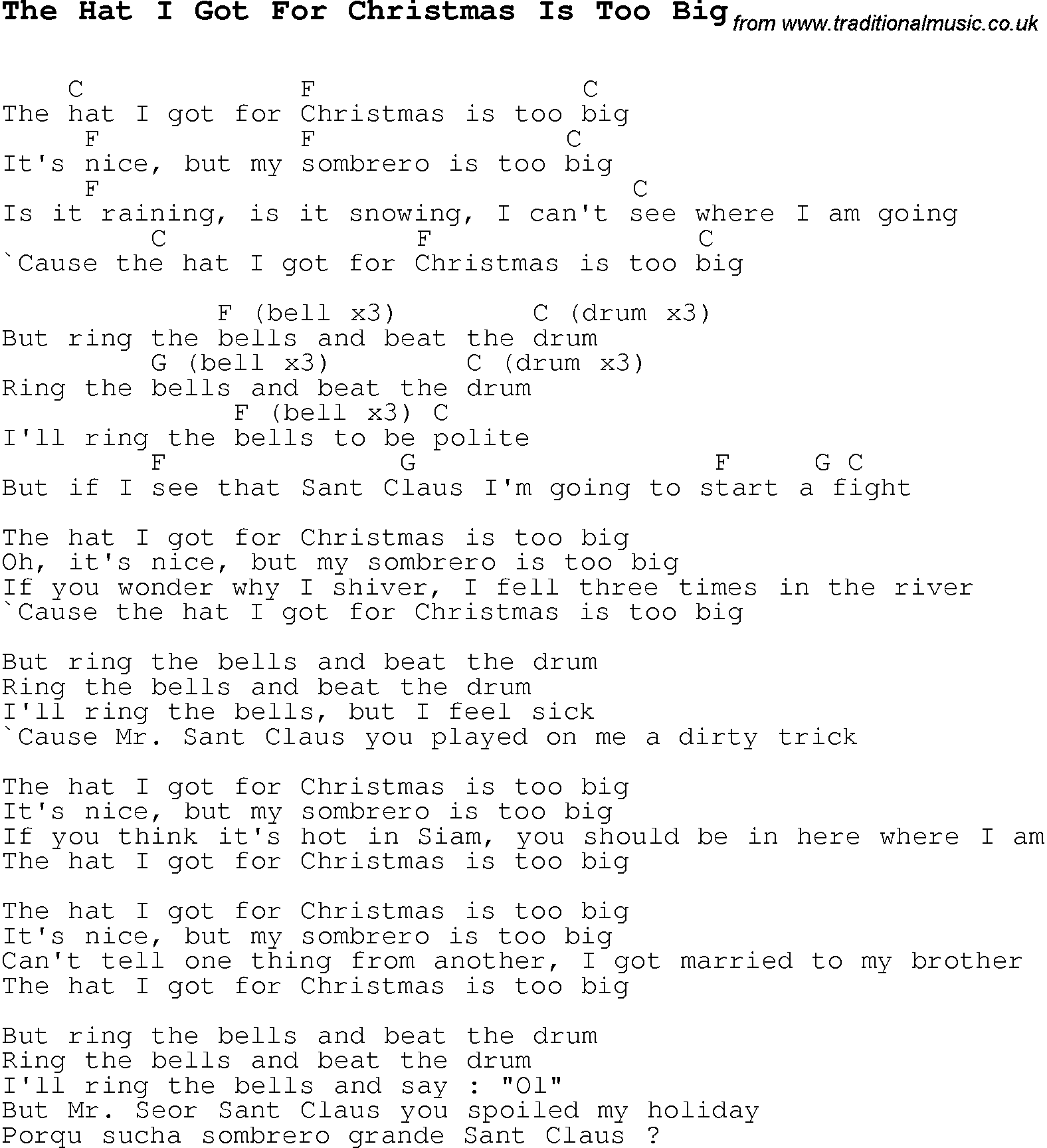 Christmas Songs and Carols, lyrics with chords for guitar banjo for The Hat I Got For Christmas Is Too Big