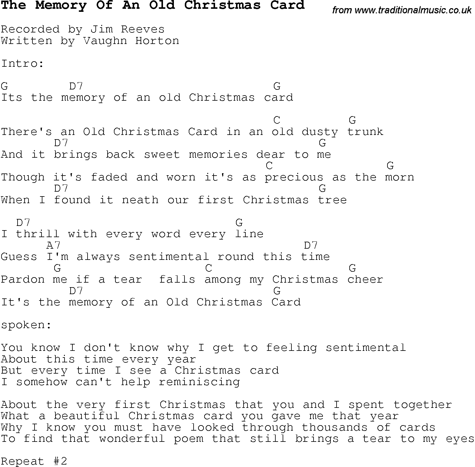 Christmas Songs and Carols, lyrics with chords for guitar banjo for The Memory Of An Old Christmas Card