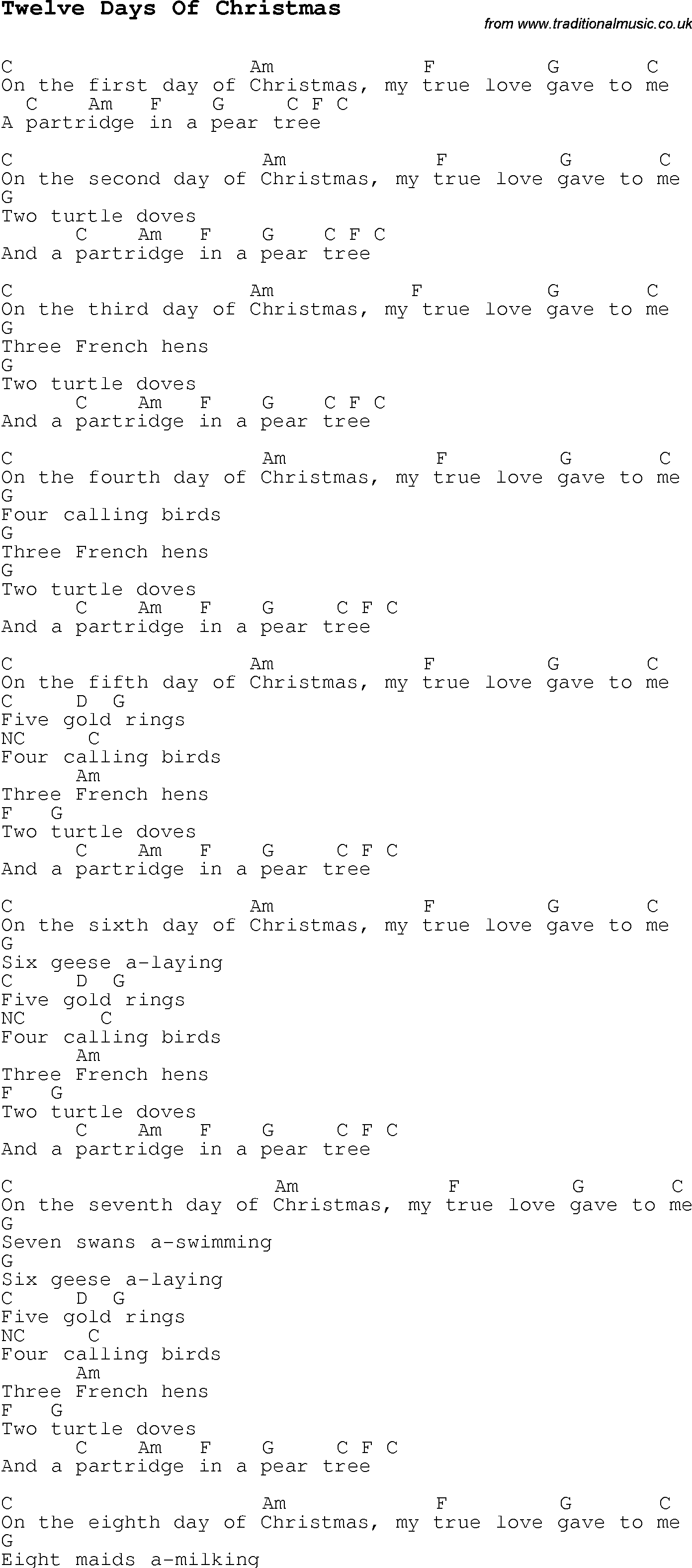 Christmas Songs and Carols, lyrics with chords for guitar banjo for Twelve Days Of Christmas