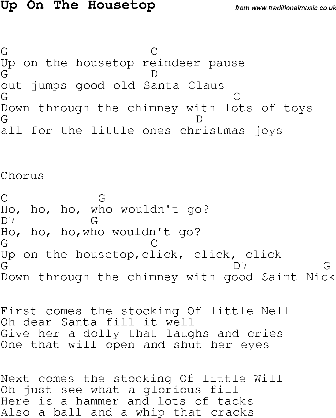 Christmas Songs and Carols, lyrics with chords for guitar banjo for Up On The Housetop