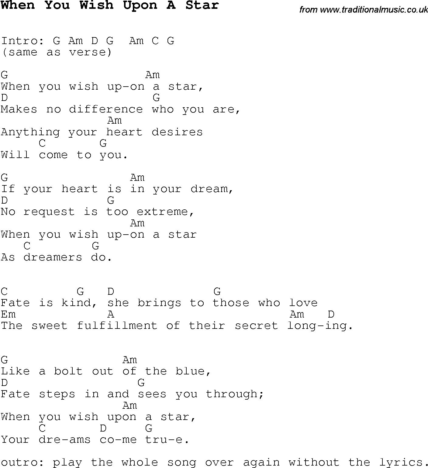 Christmas Songs and Carols, lyrics with chords for guitar banjo for When You Wish Upon A Star