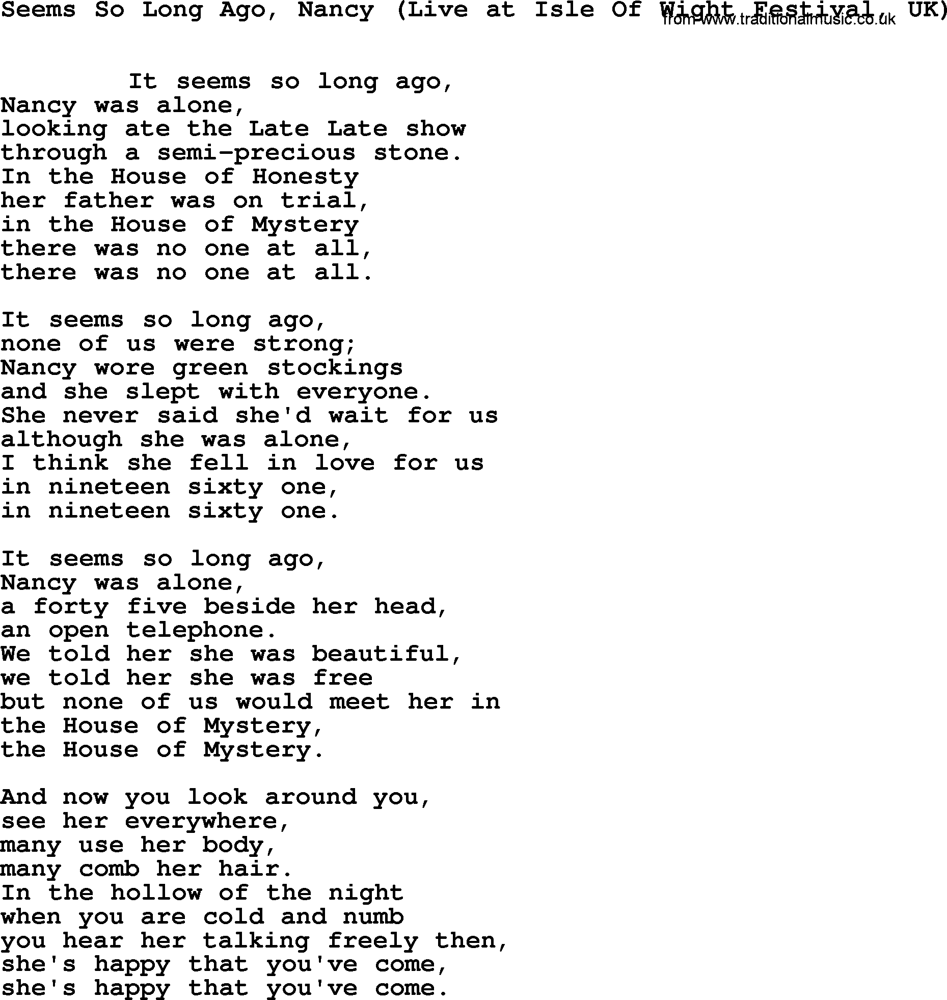 Leonard Cohen song Seems So Long Ago Nancy(Isle Wight Festiva)-leonard-cohen.txt lyrics