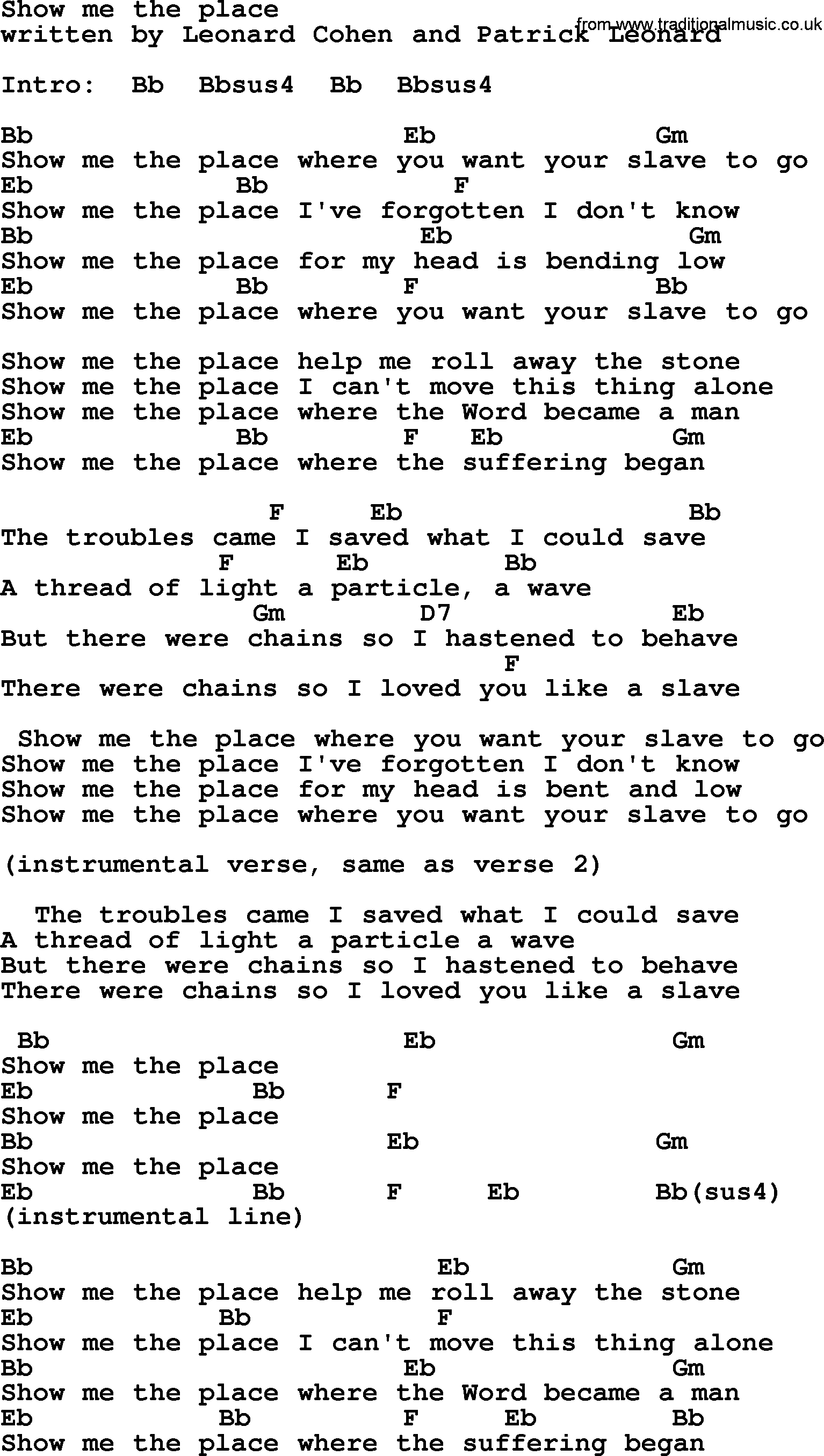 Leonard Cohen song Show Me The Place, lyrics and chords