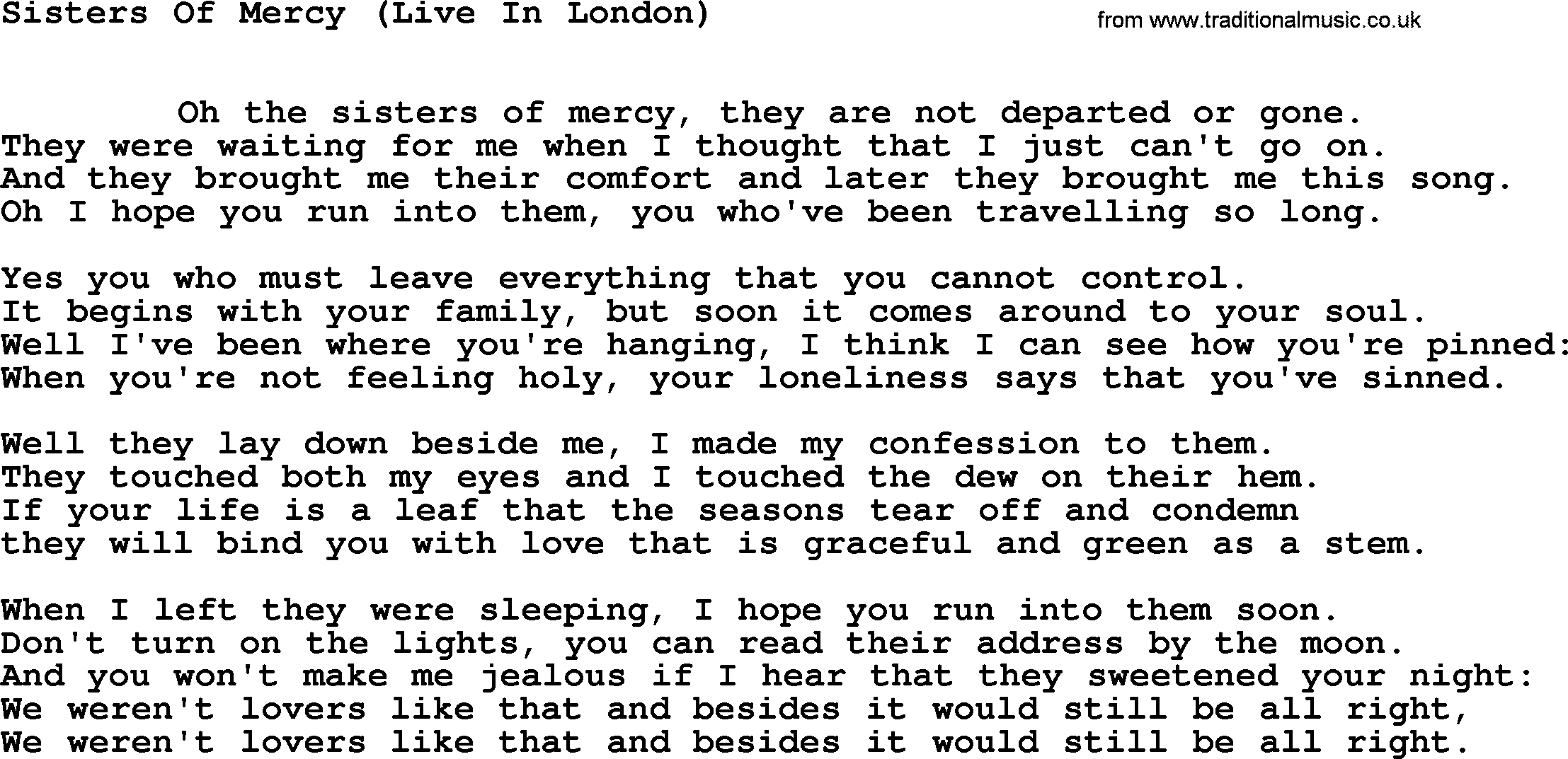 Leonard Cohen song Sisters Mercy Live London-leonard-cohen.txt lyrics