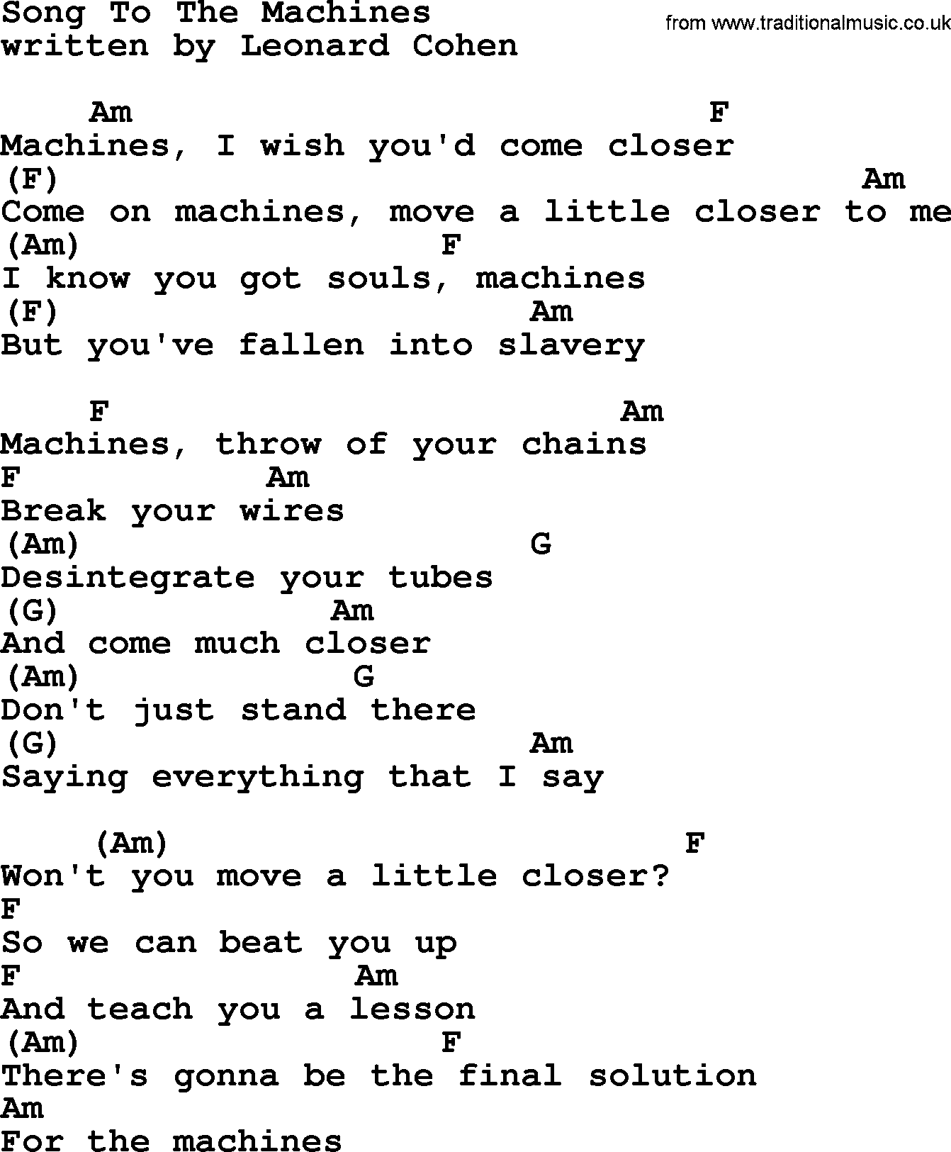 Leonard Cohen song Song To The Machines, lyrics and chords