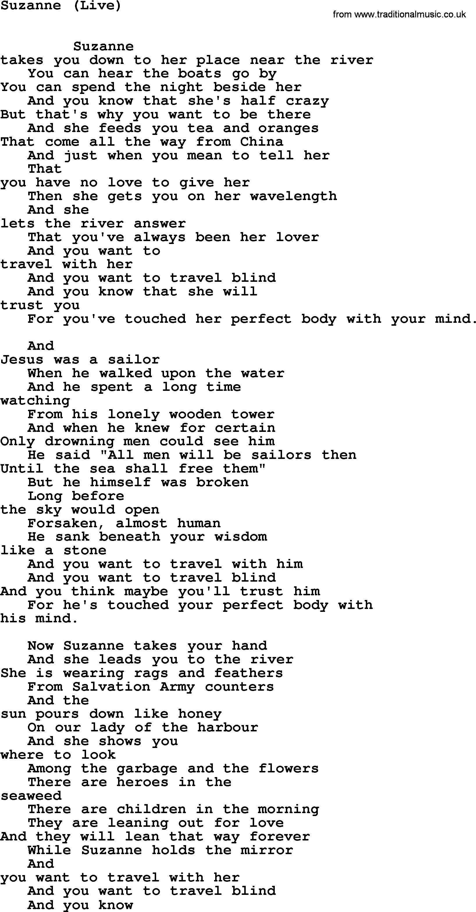 Leonard Cohen song Suzanne(Live)-leonard-cohen.txt lyrics