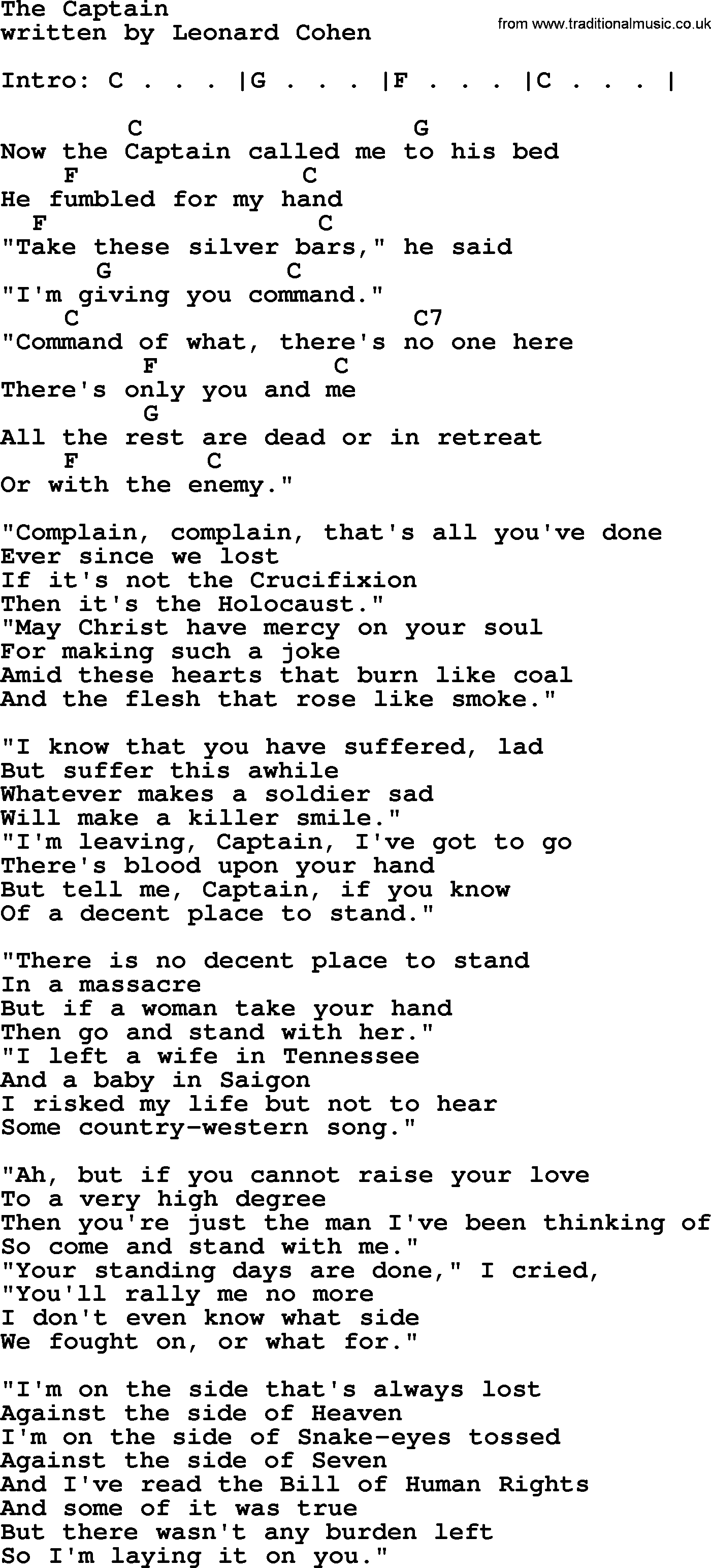 Leonard Cohen song The Captain, lyrics and chords