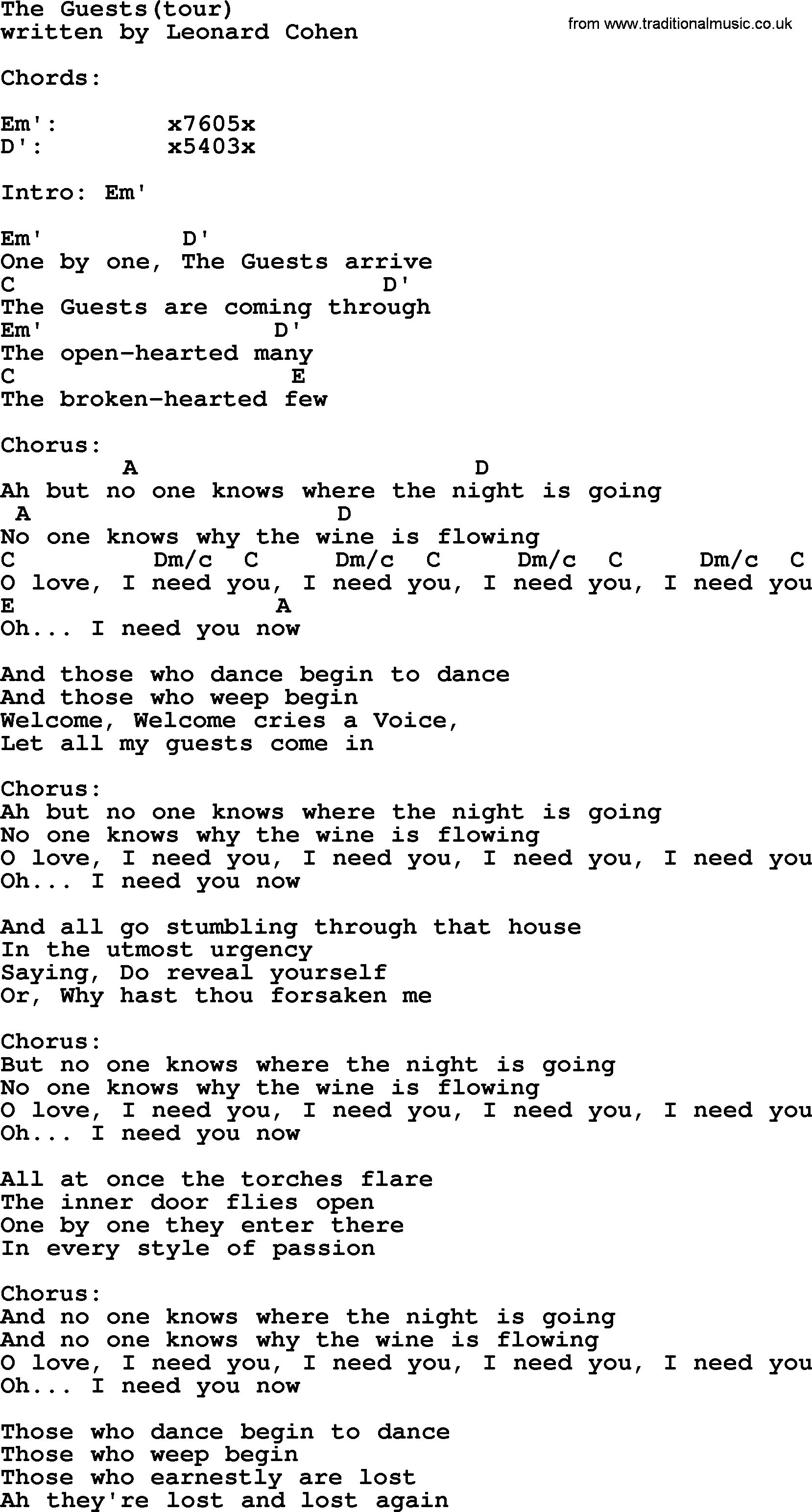 Leonard Cohen song The Guests(tour), lyrics and chords