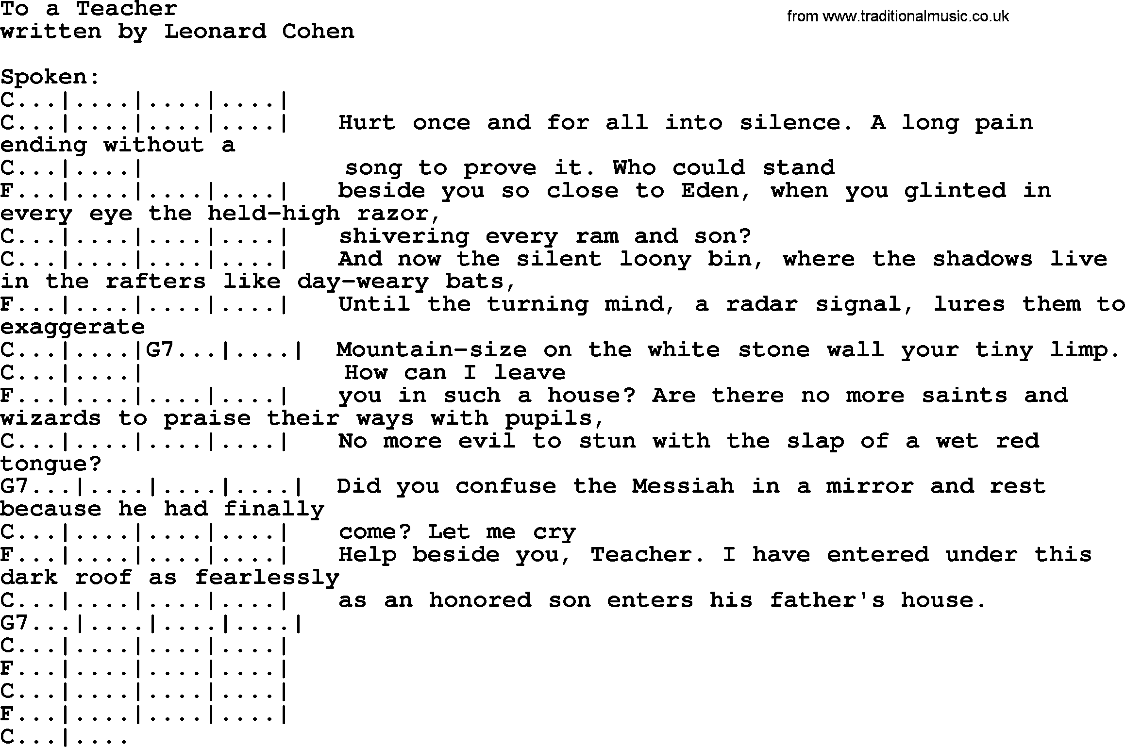 Leonard Cohen song To A Teacher, lyrics and chords
