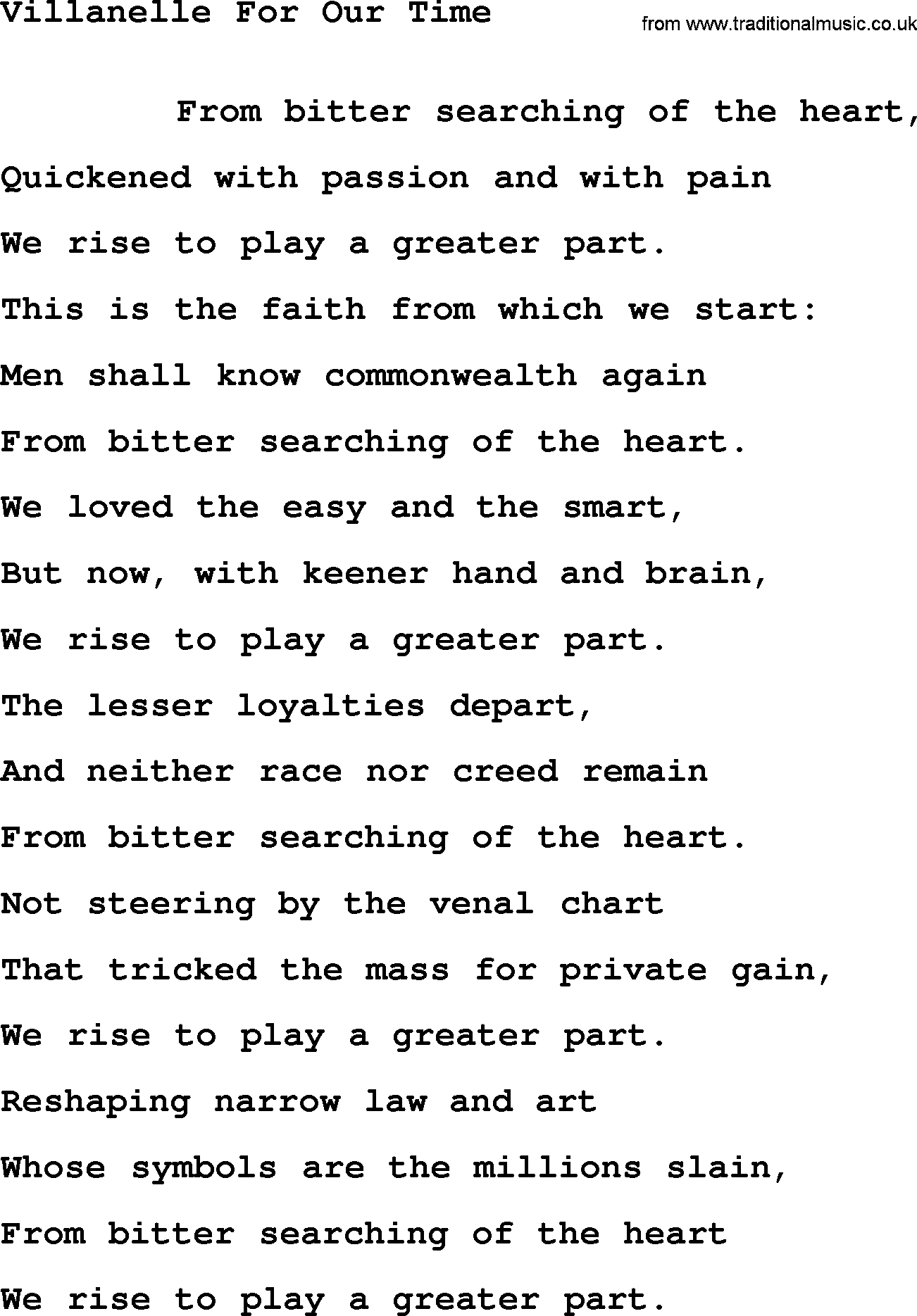 Leonard Cohen song Villanelle Our Time-leonard-cohen.txt lyrics