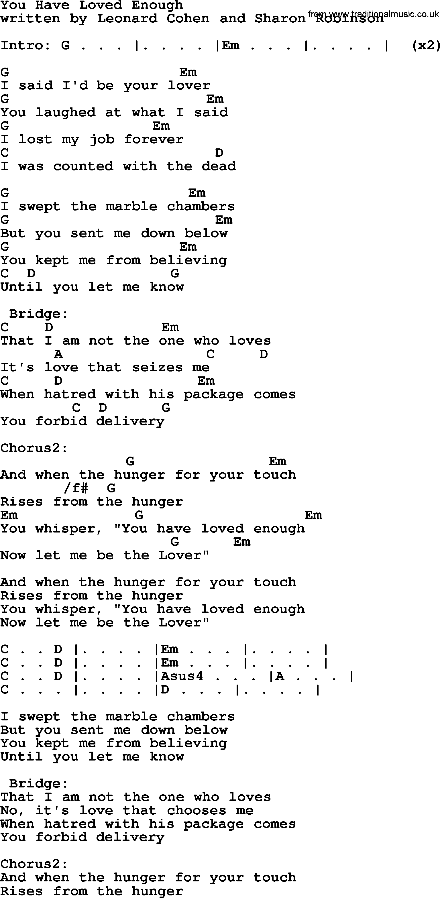 Leonard Cohen song You Have Loved Enough, lyrics and chords