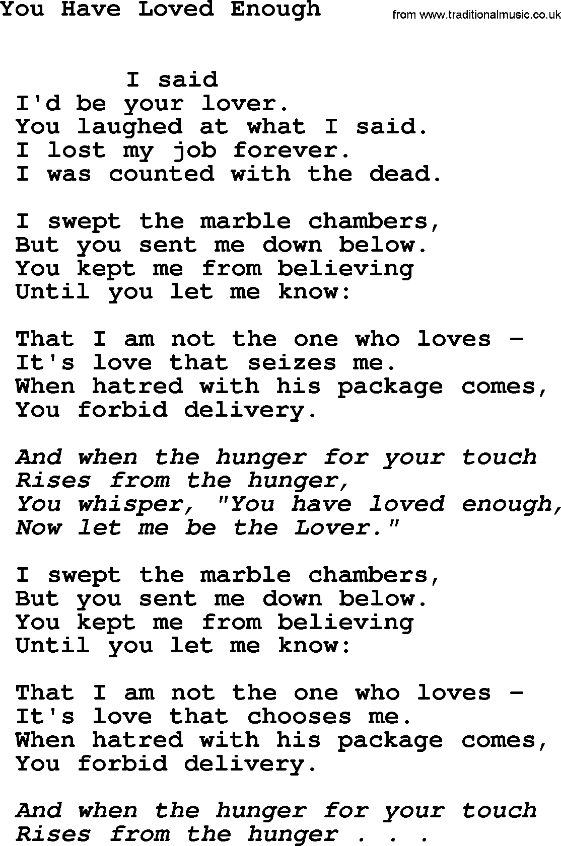 Leonard Cohen song You Have Loved Enough-leonard-cohen.txt lyrics