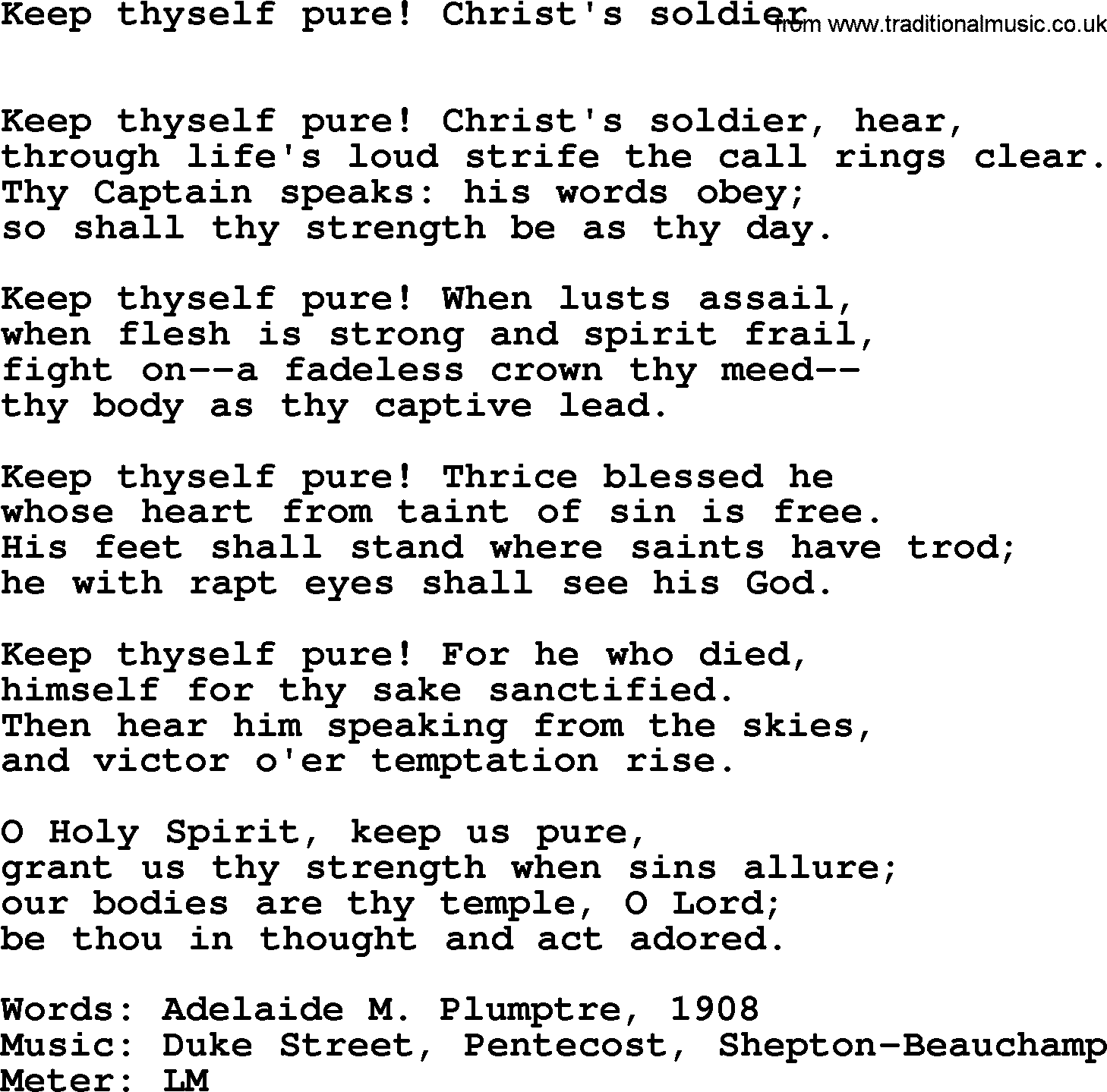 Book of Common Praise Hymn: Keep Thyself Pure! Christ's Soldier.txt lyrics with midi music