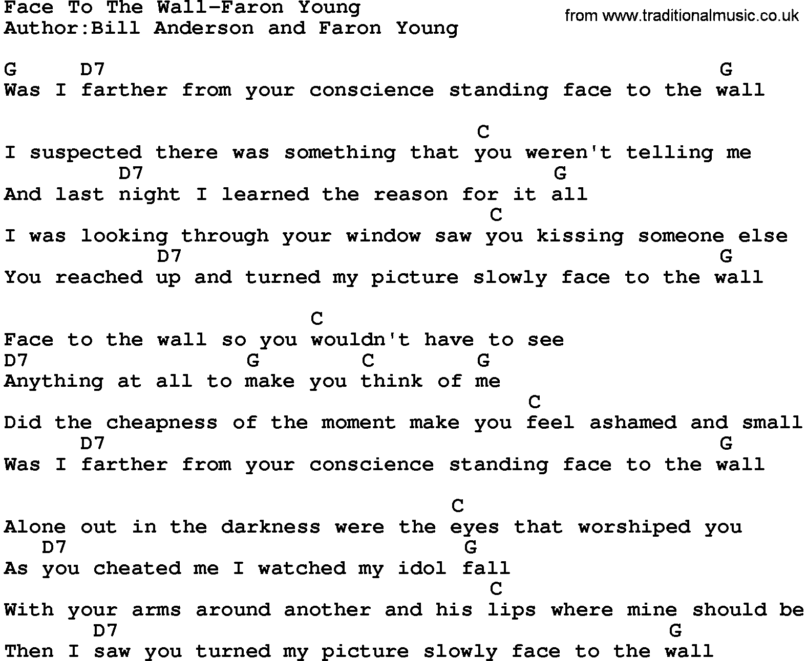Country music song: Face To The Wall-Faron Young lyrics and chords
