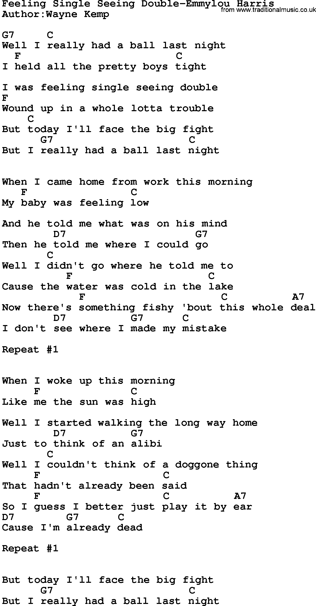 Country music song: Feeling Single Seeing Double-Emmylou Harris lyrics and chords