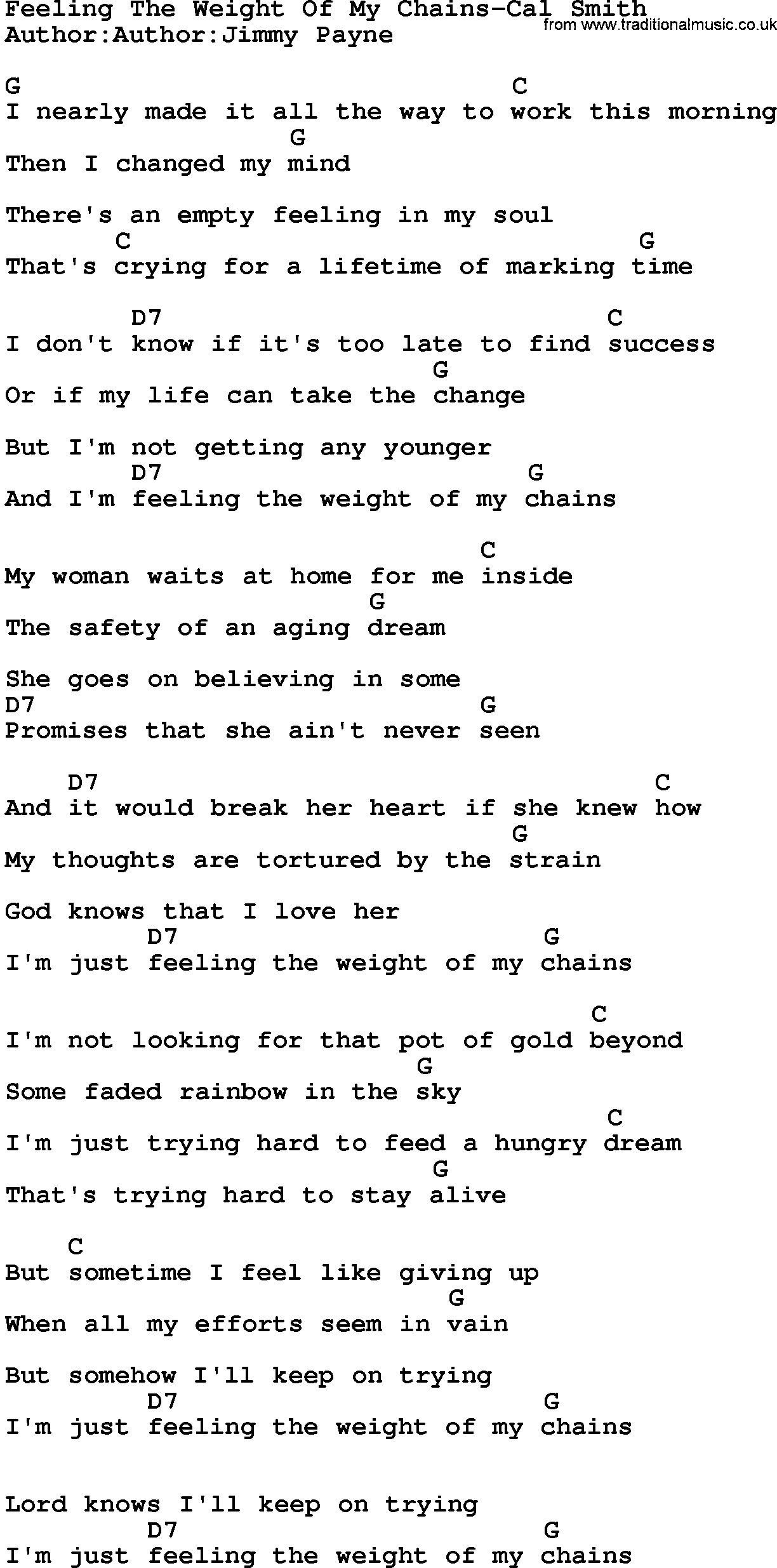 Country music song: Feeling The Weight Of My Chains-Cal Smith lyrics and chords