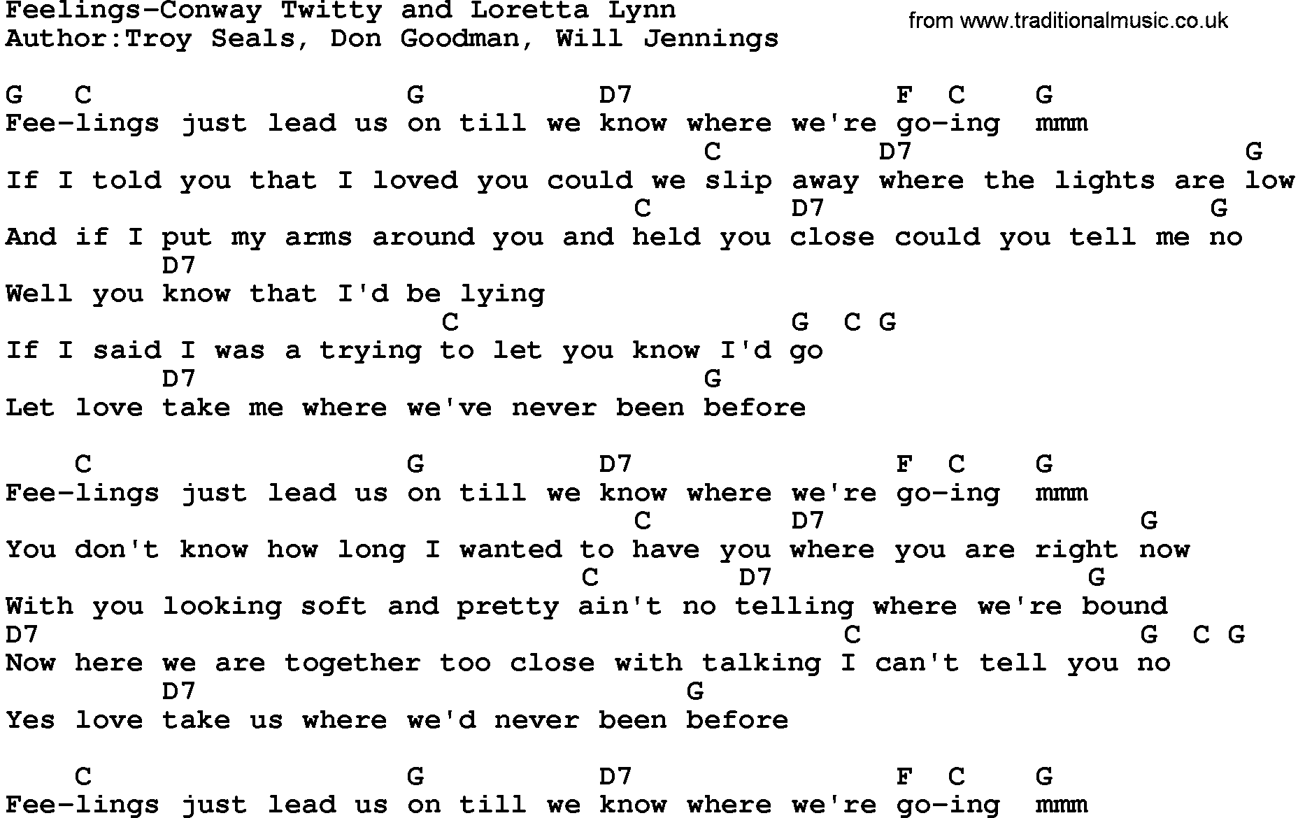 Country music song: Feelings-Conway Twitty And Loretta Lynn lyrics and chords