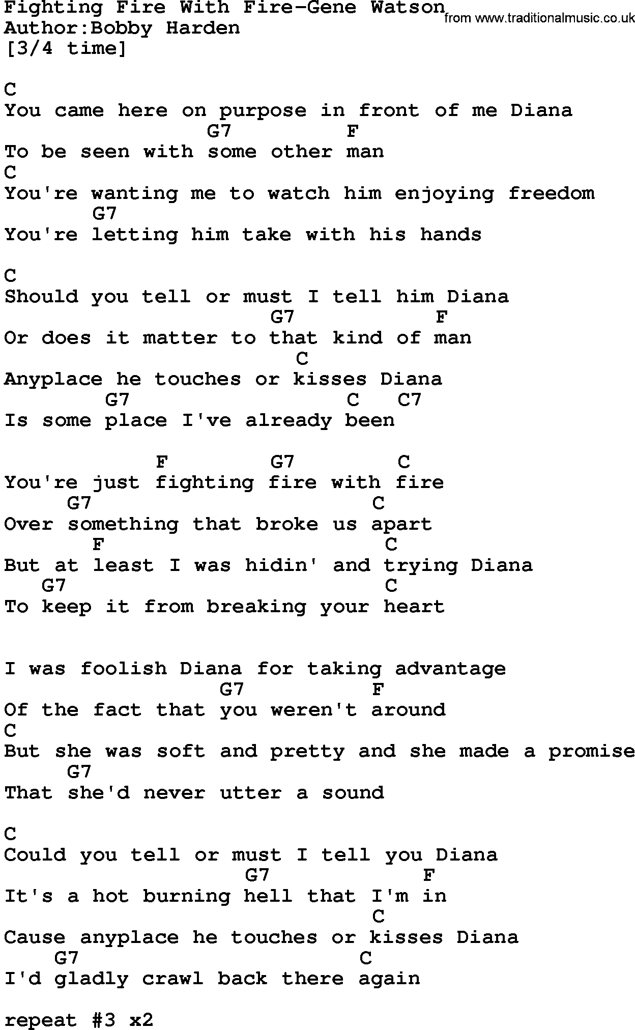 Country music song: Fighting Fire With Fire-Gene Watson lyrics and chords