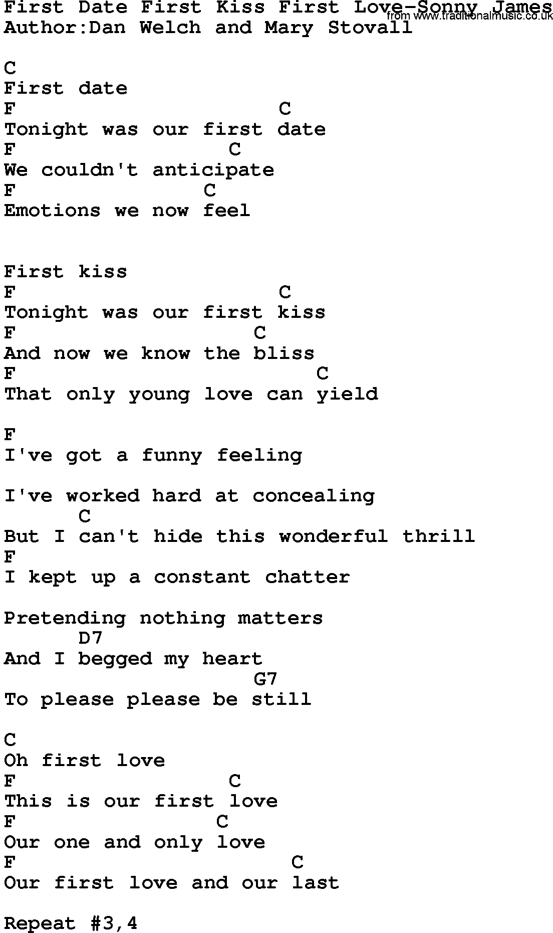 Country music song: First Date First Kiss First Love-Sonny James lyrics and chords