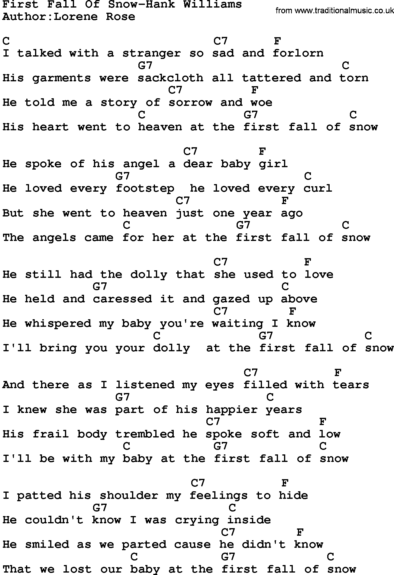 Country music song: First Fall Of Snow-Hank Williams  lyrics and chords