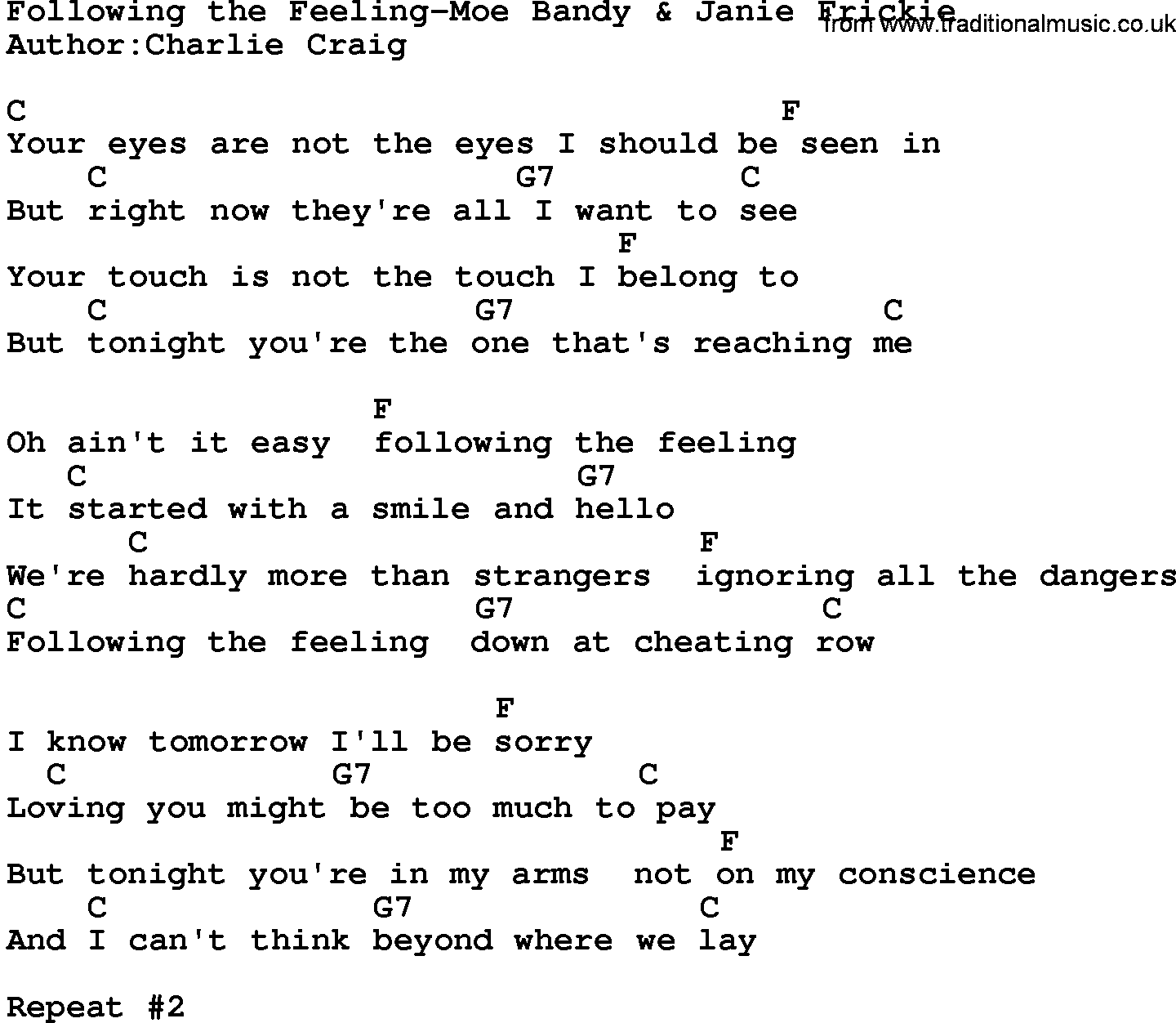 Country music song: Following The Feeling-Moe Bandy & Janie Frickie lyrics and chords